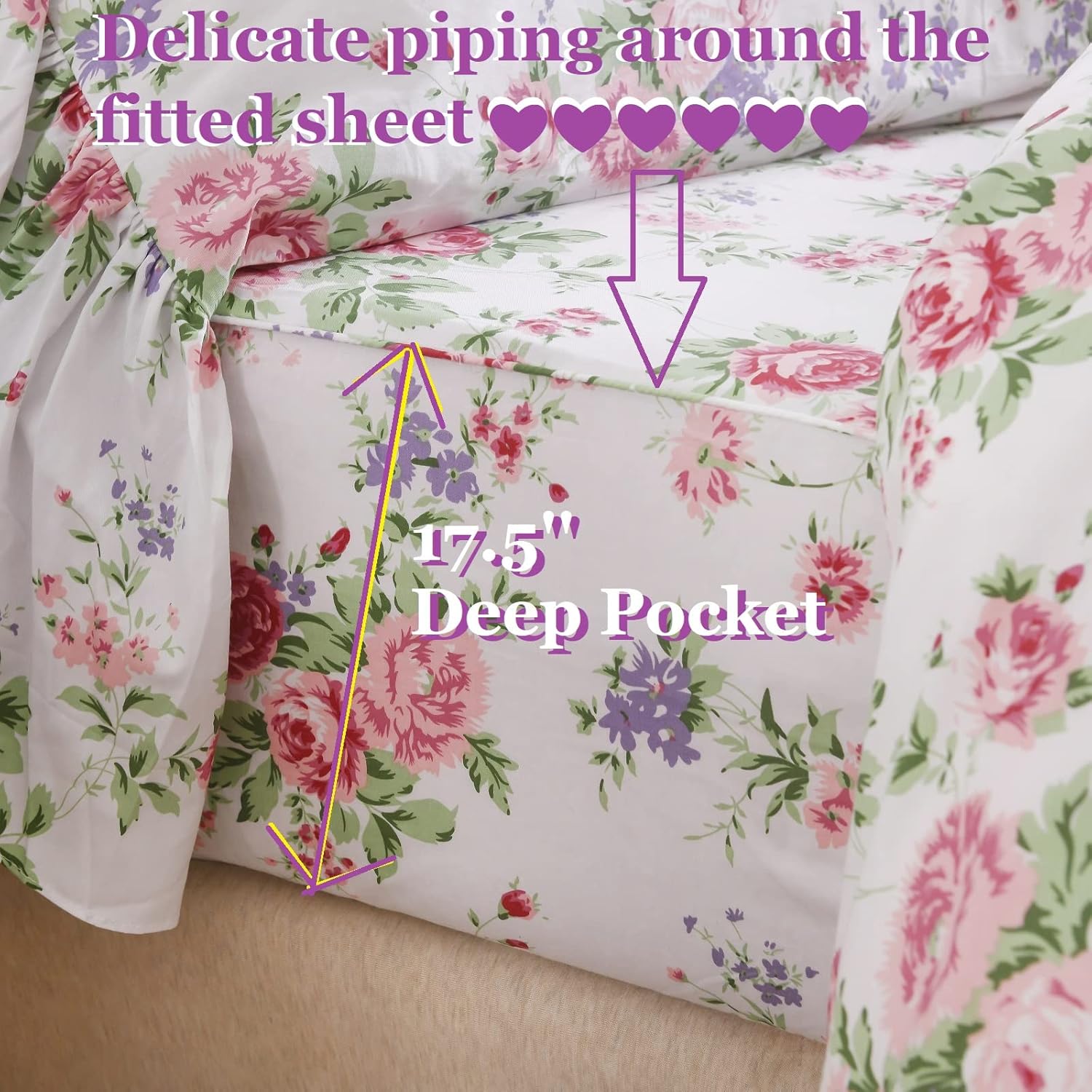 Queen's House Ruffle Floral Bed Sheet Sets 4-Piece Romantic Roses Printed Shabby Vintage Chic Bedding Sheets Girls Deep Pocket Set King Size-Style L