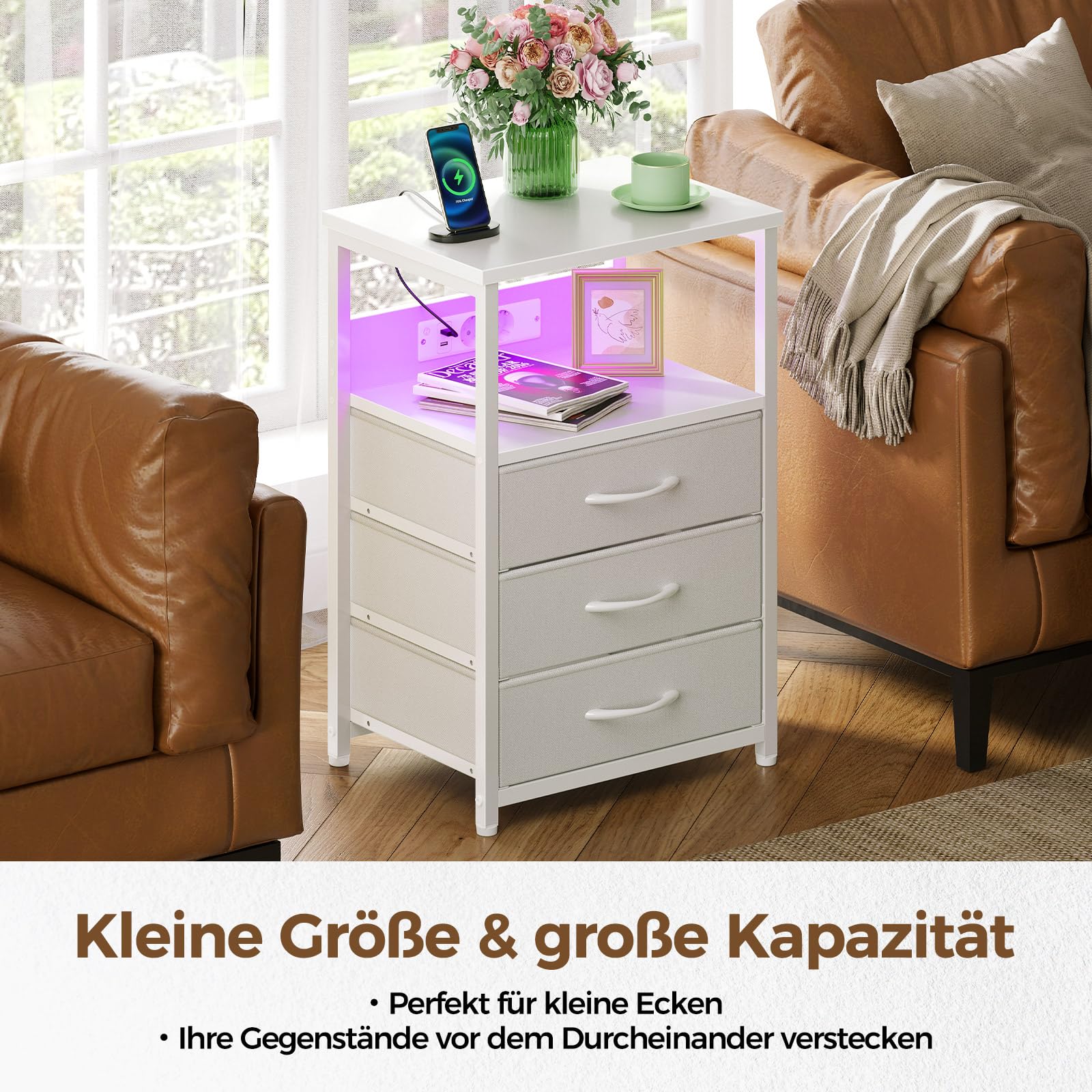 Rolanstar Nachttisch mit LED, Nachtschrank mit 3 Schubladen, Beistelltisch mit Ladefunktion, Platzsparend & Einfach Montiert für Schlafzimmer, Geeignet für Wohnzimmer, Weiß 2pcs
