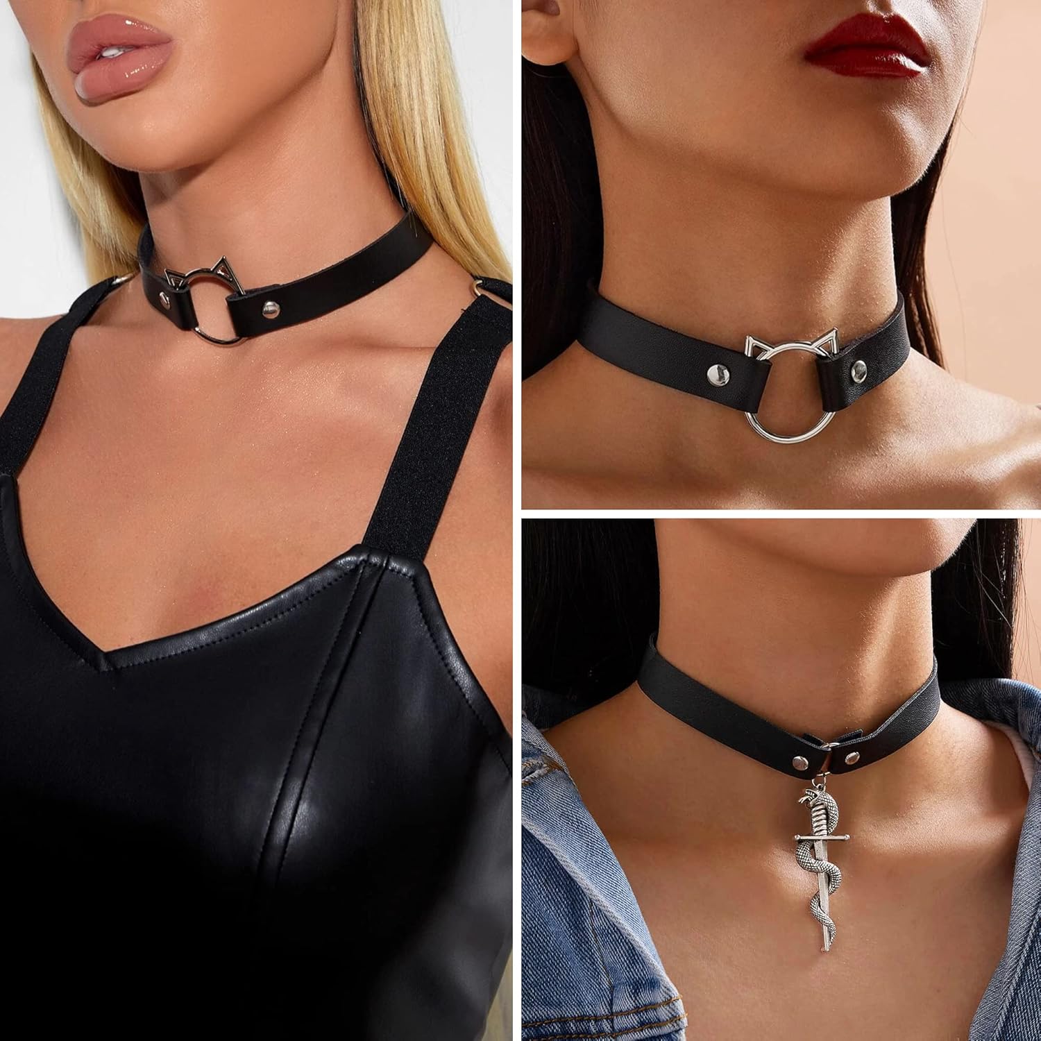 HAIAISO 6-9pcs Leather Punk Goth Choker Necklace with Love Heart Spikes, Adjustable Pu Collar for Women - Image 2