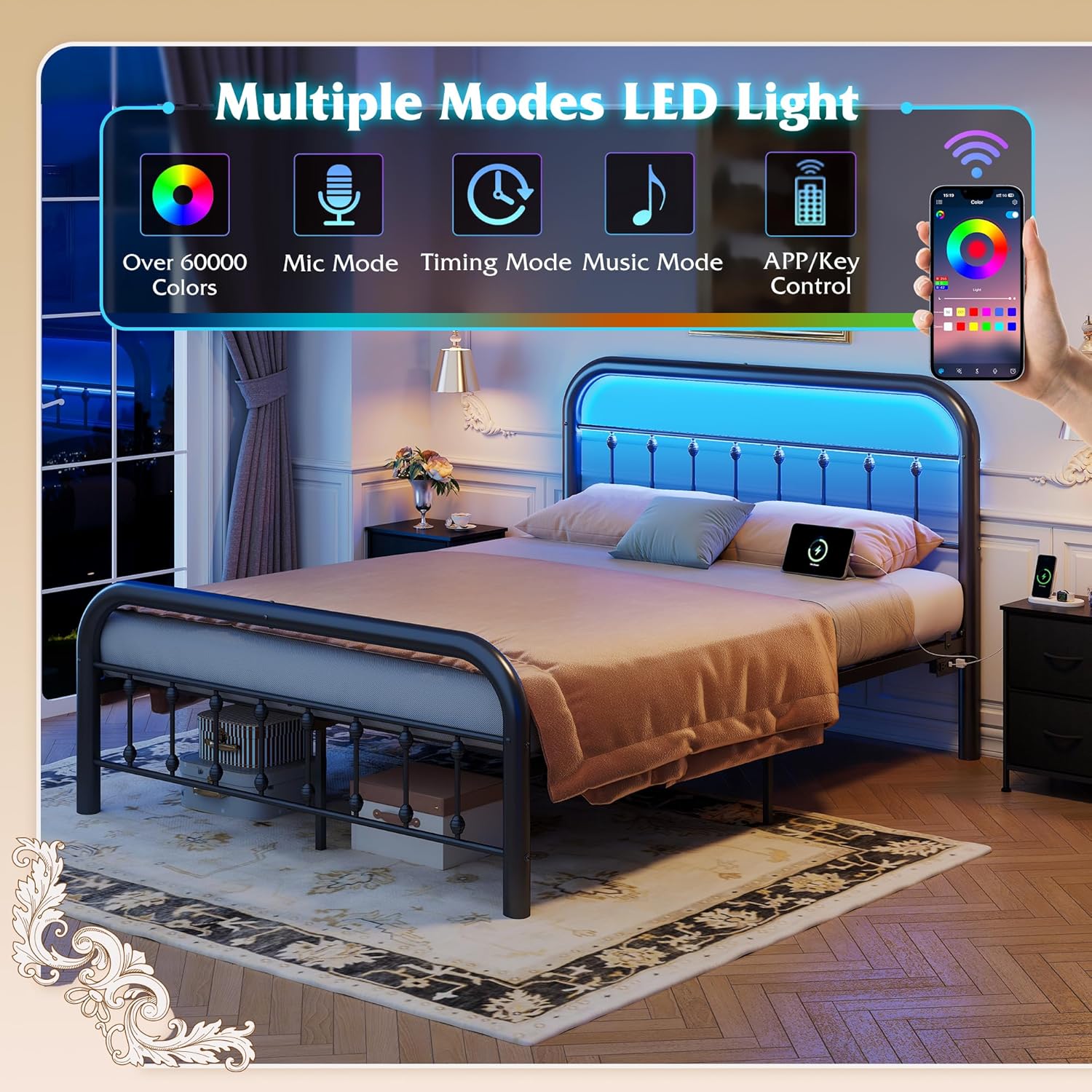 WLIVE Metal Platform Bed Frame, Queen Bed Frame with Headboard, Bed Frames with LED Lights and Charging Station, 1500LBS Mattress Foundation, Under Bed Storage, No Box Spring Needed, Black