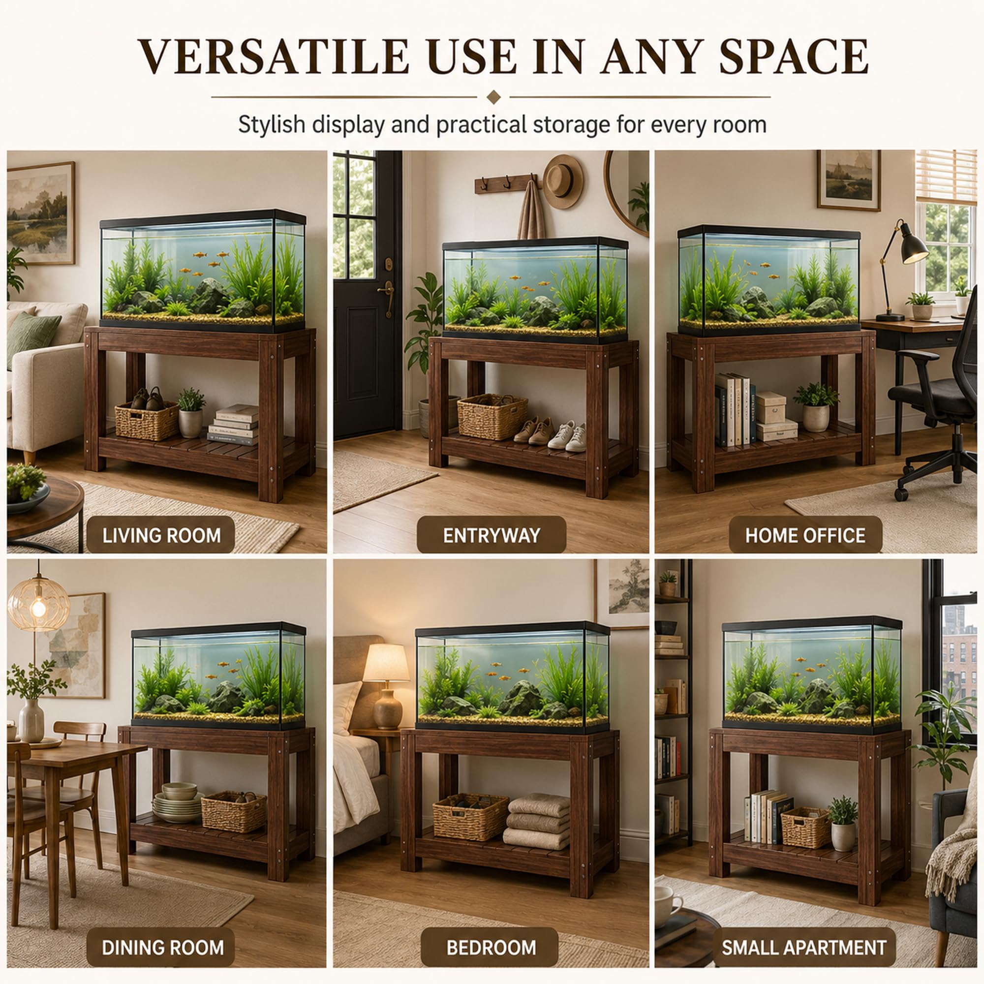 Supporto per Acquario con Ripiano, Portata 500 kg, Legno Massello | Mobile Robusto per Acquari, Terrari e Recinti per Rettili(Carbonized color,70×35cm / 27.6×13.8in)