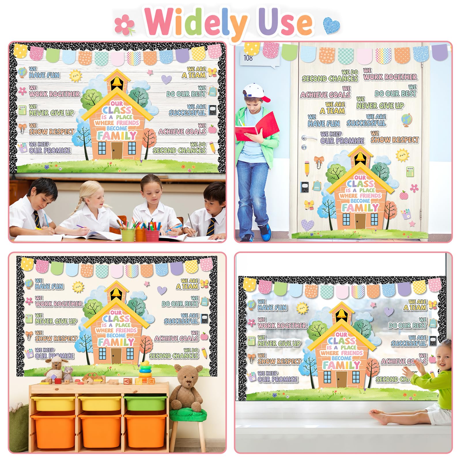 Tablero de anuncios motivacional para decoración de aula, composición Nuestra clase es una familia, tablón de anuncios de afirmación positiva, decoración de aula, recortes inspiradores para volver a
