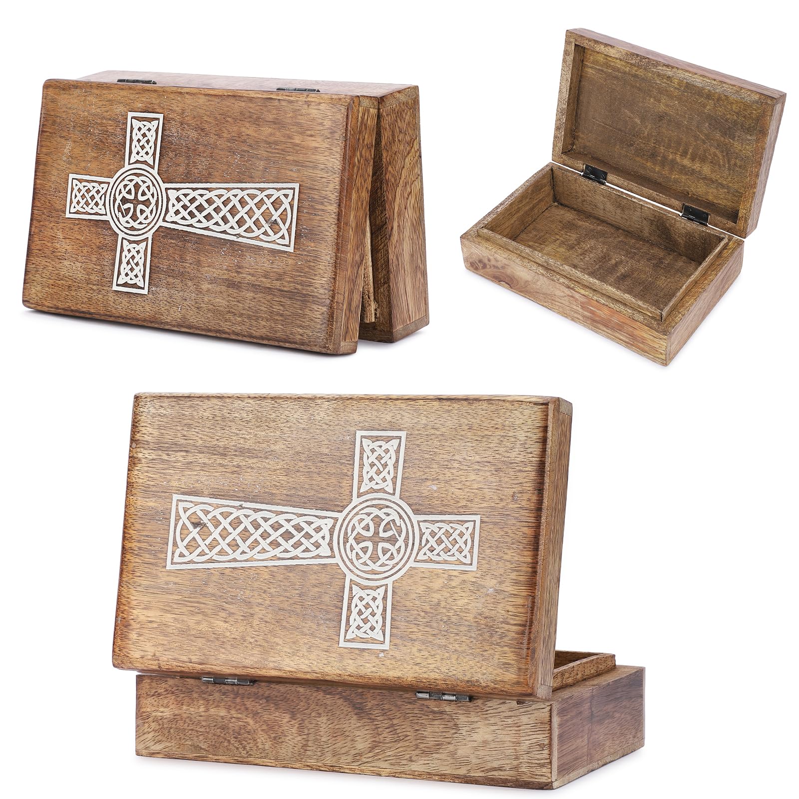 Ajuny Hand Carved Wooden Keepsake Box 8 x 5 Inch, Cross Design Mango Wood Trinket Storage Organiser, Decorative Jewellery Holder, Treasure Chest Gift Box for Home Decor