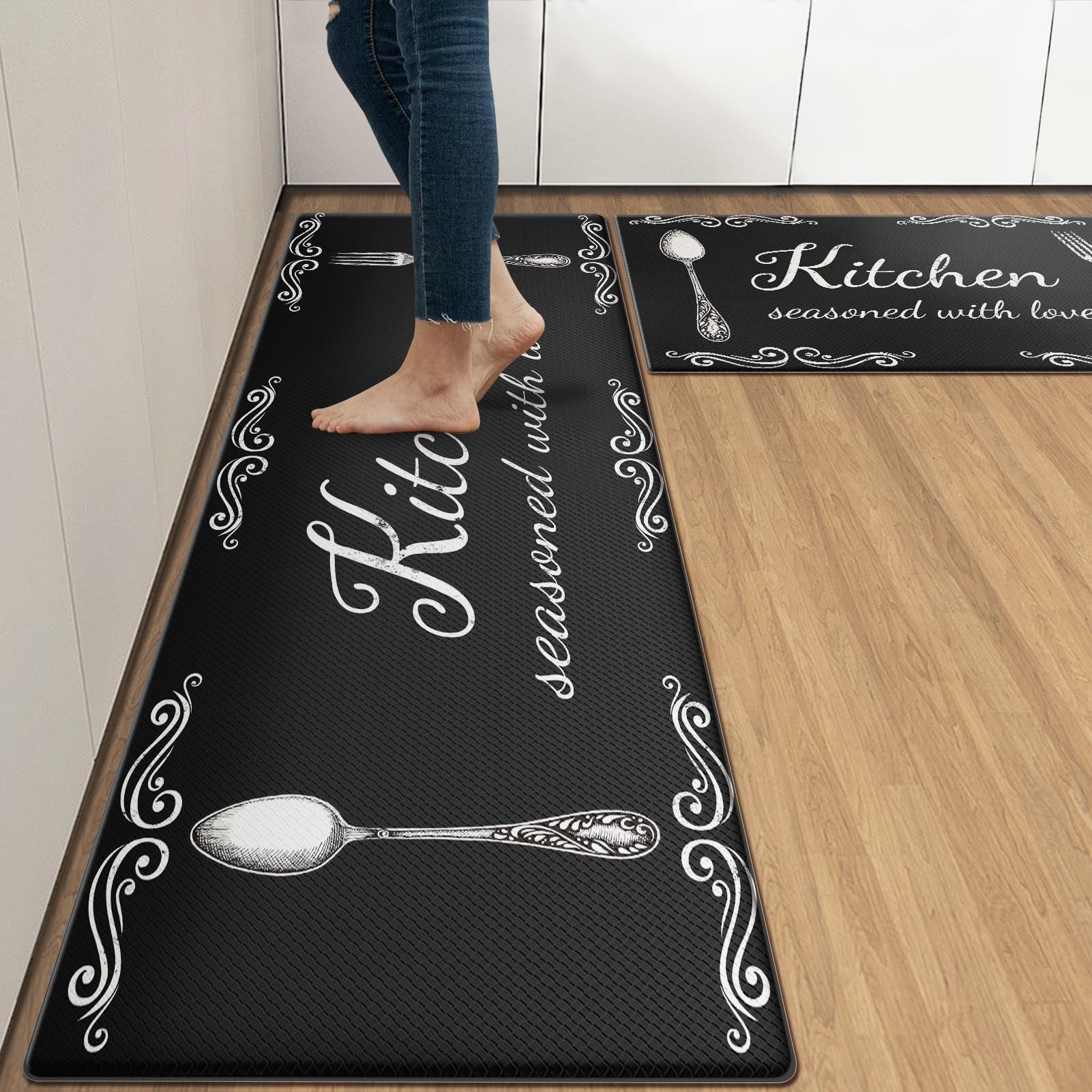 Arttown Juego de 2 alfombras de cocina antifatiga, impermeables, antideslizantes, rústicas de granja | Tapete acolchado negro para cocina y tapete ergonómico de espuma de PVC cómodo