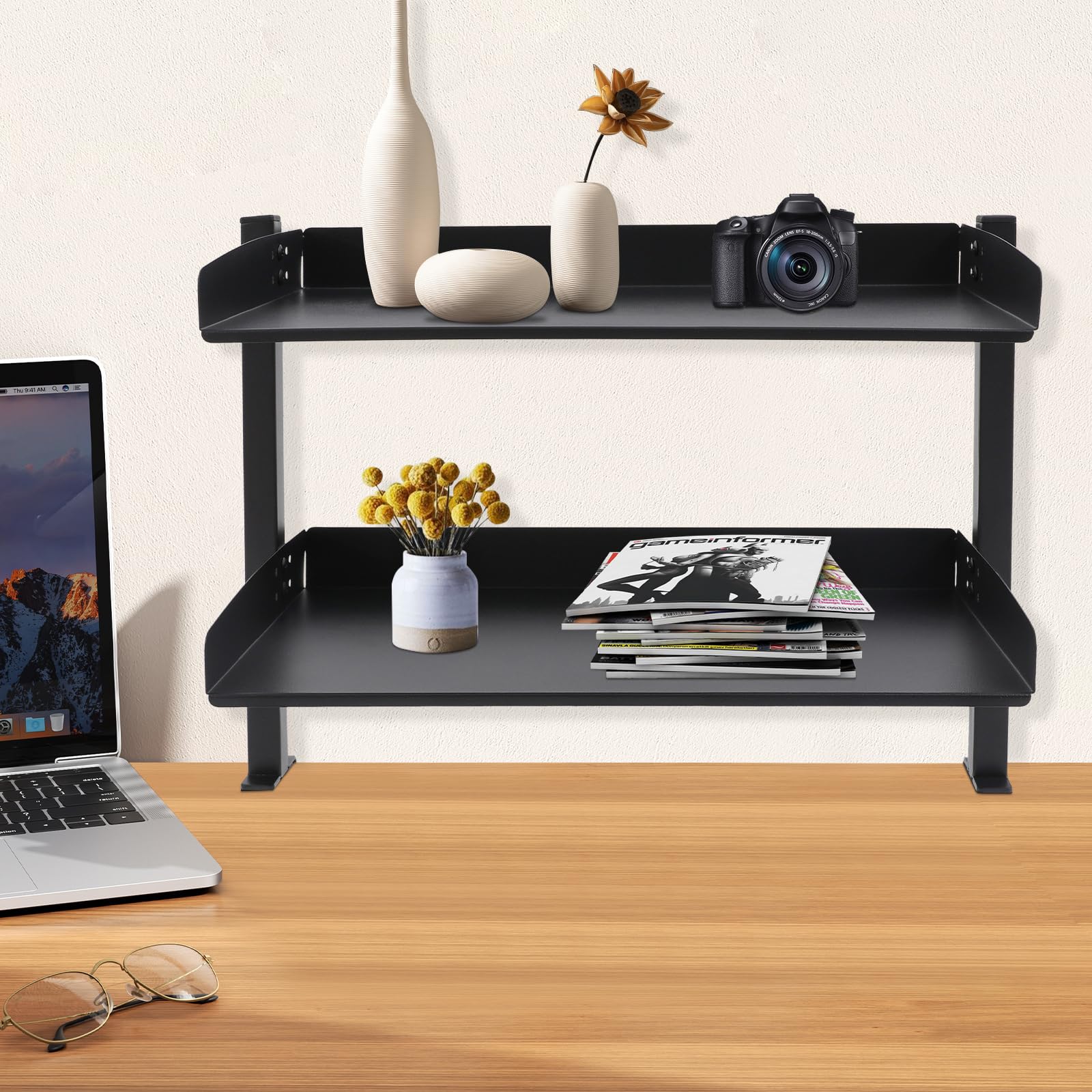 Étagère de bureau à pince à 2 étages - Étagère de bureau à pince - Noire - 44 x 22 x 39 cm