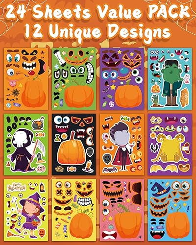 Miniatura 2 de 24 hojas de calcomanías de Halloween para niños, crea tus propios personajes de Halloween, mezcla y combina diseños de cuerpo completo de calabaza,