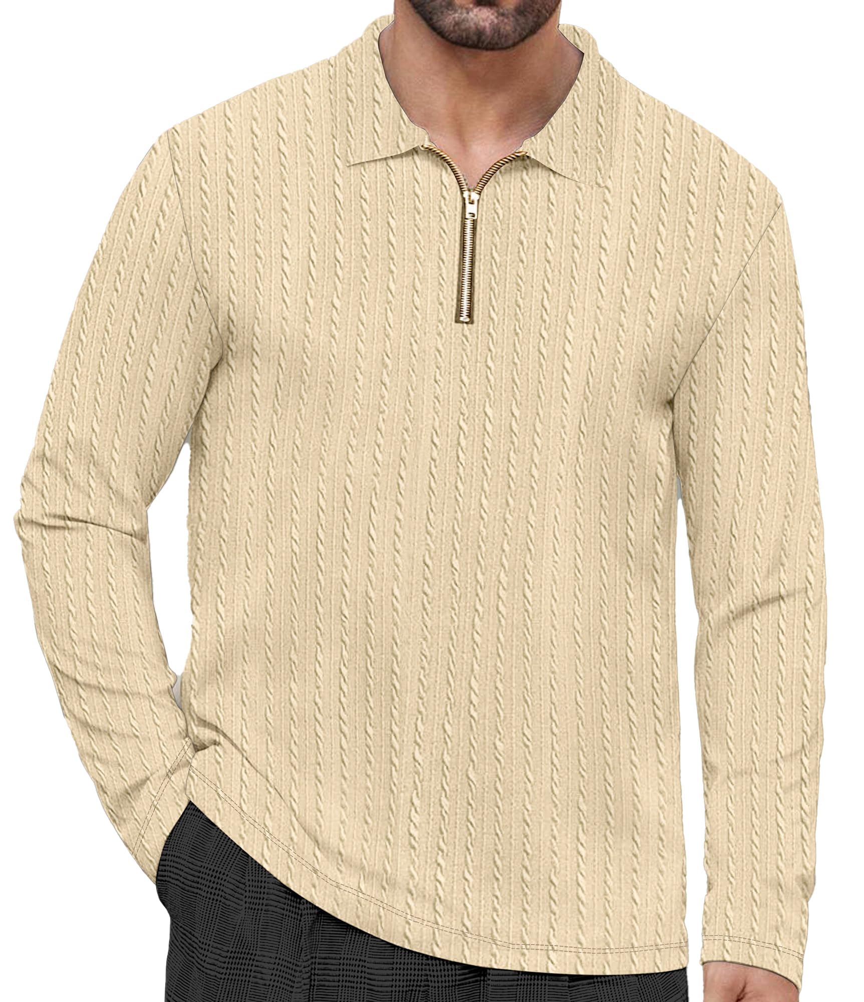 kajaru Men's Cable Knit Quarter Zip Pullover, Long Sleeve Polo Collar T-Shirt, Casual Knitwear-picture-10