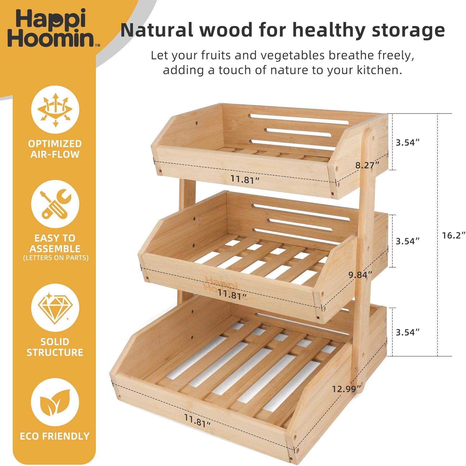 3 Tier Fruit Basket for Kitchen Counter, Bamboo Fruit and Vegetable Storage Rack, Kitchen Organizer and Storage, Vegetable Baskets for Kitchen, Fruit Organizer, Frutero para Cocina