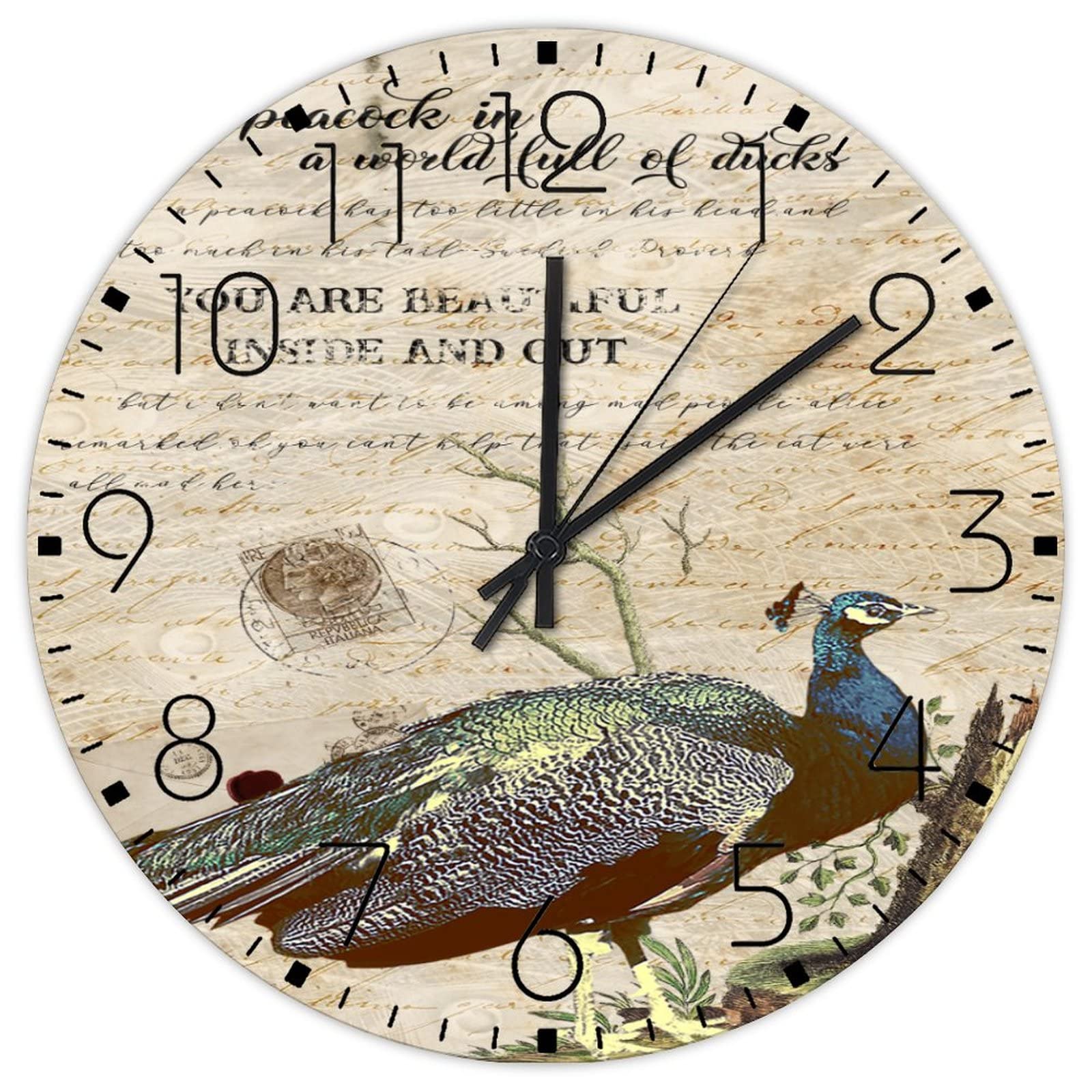 Horloge murale vintage paon ronde silencieuse de 38 cm pour le salon