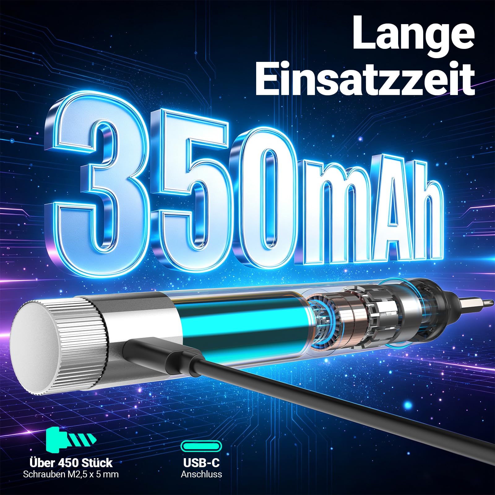 Elektrischer Präzisionsschraubendreher, Schraubendreher Set mit 48 S2 Bits | 48 S2-Bits · 4 Drehmomentstufen bis 0,35 N·m · Manuell bis 5 N·m · Magnetisches Push-to-Pop-Bitmagazin · USB-C