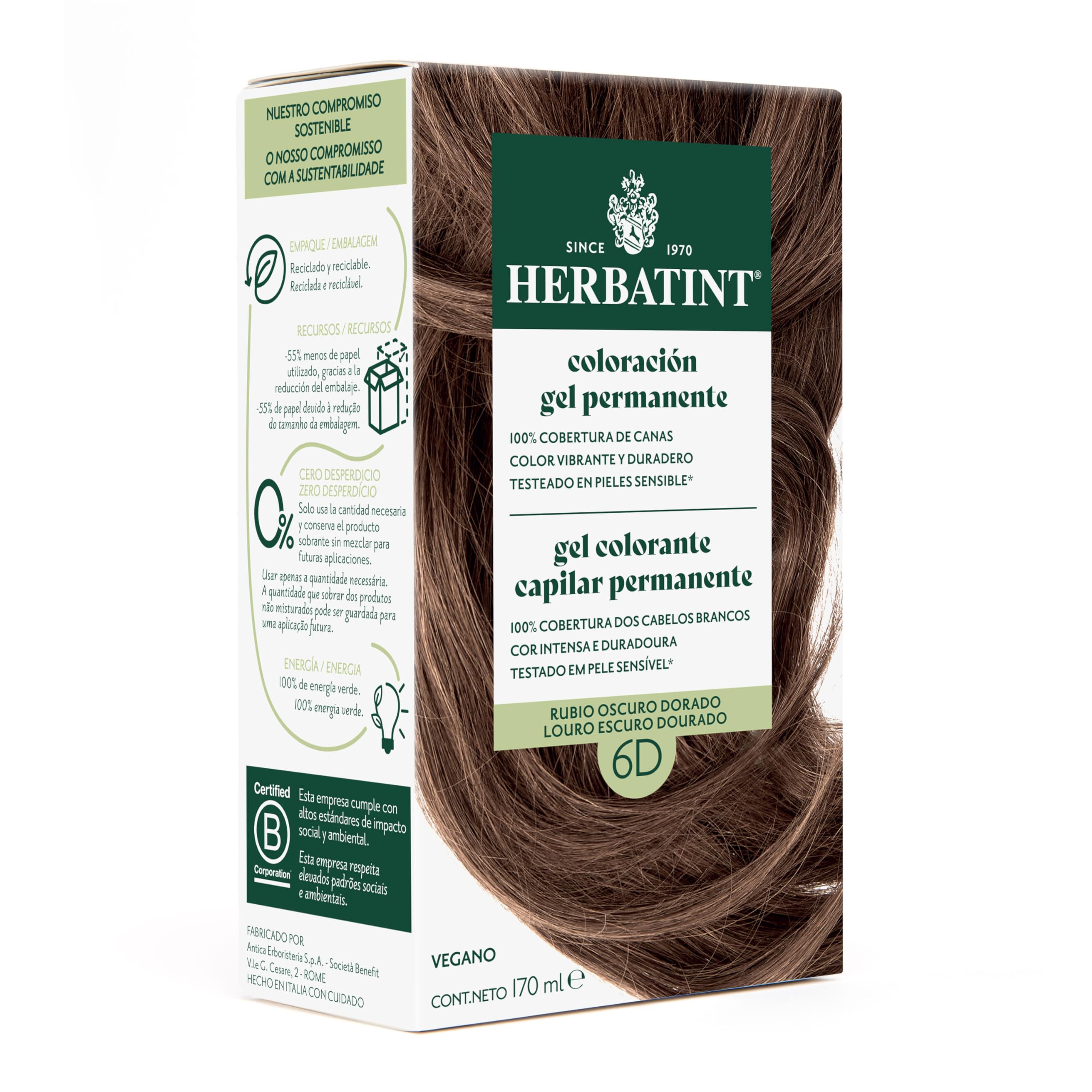 Herbatint Permanent Hair Color 6D Dark Golden Blonde - 170ml | Ammonia Free, Optimum Gray Coverage | Dermatologically Tested, with 8 Natural Extracts