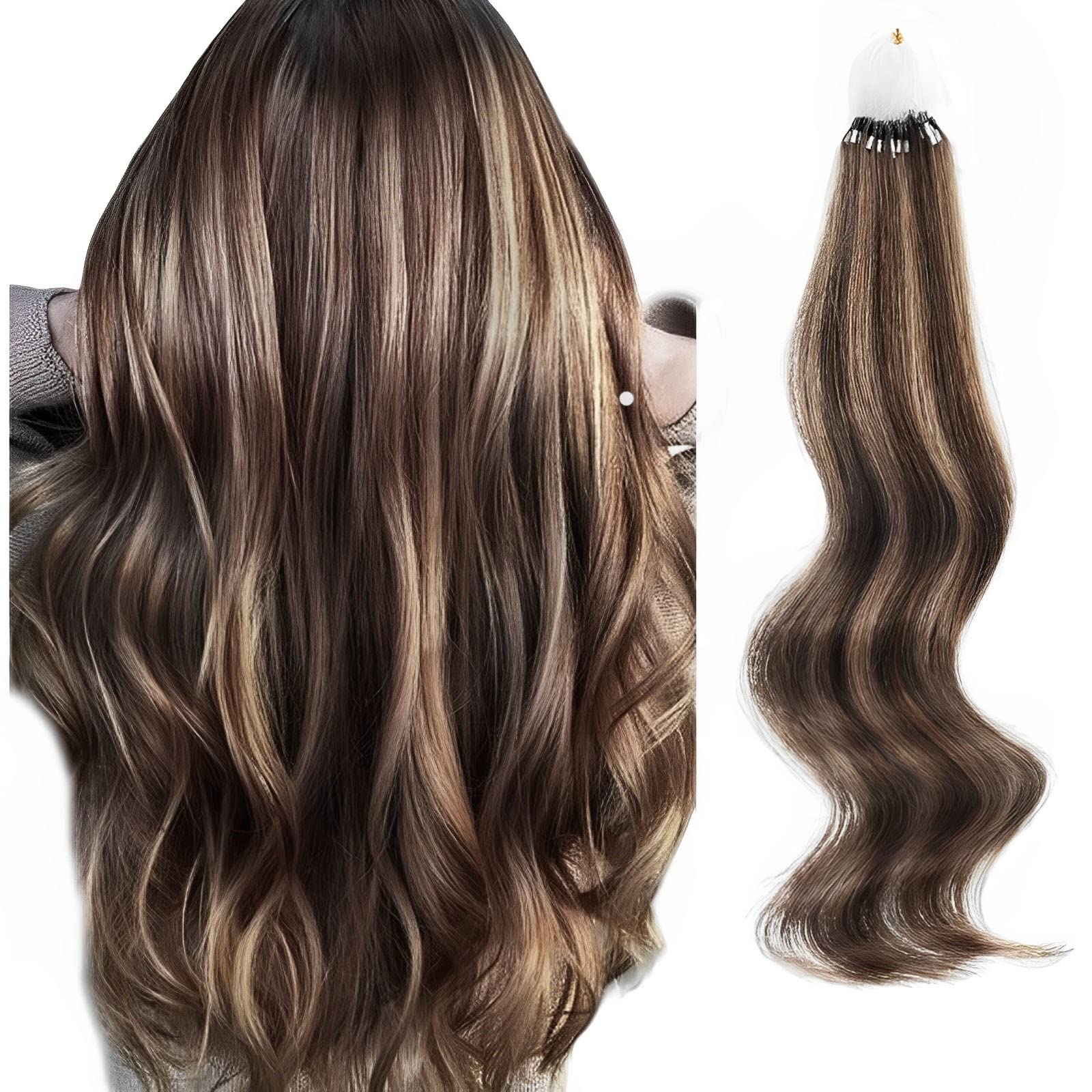 ABH AmazingBeauty Hair Micro Loop Human Hair Extensions 50g 50strands Micro Links Ring Hair Extensions Chocolate Brown with Caramel Blonde Highlights Straight Micro Ring Hair Extensions 14 Inch