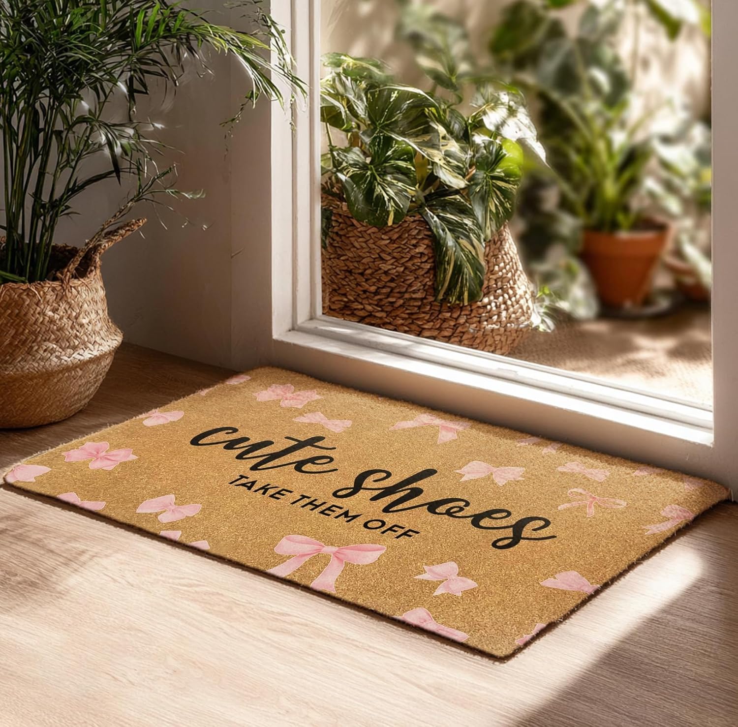 Cute Shoes Take Them Off Welcome Mat – Pink Bow Door Mat, 30×17″ Faux Coir Non-Slip Doormat, Outdoor Entry Rug for Indoor & Outdoor Use, Durable Dirt-Trapping, Housewarming