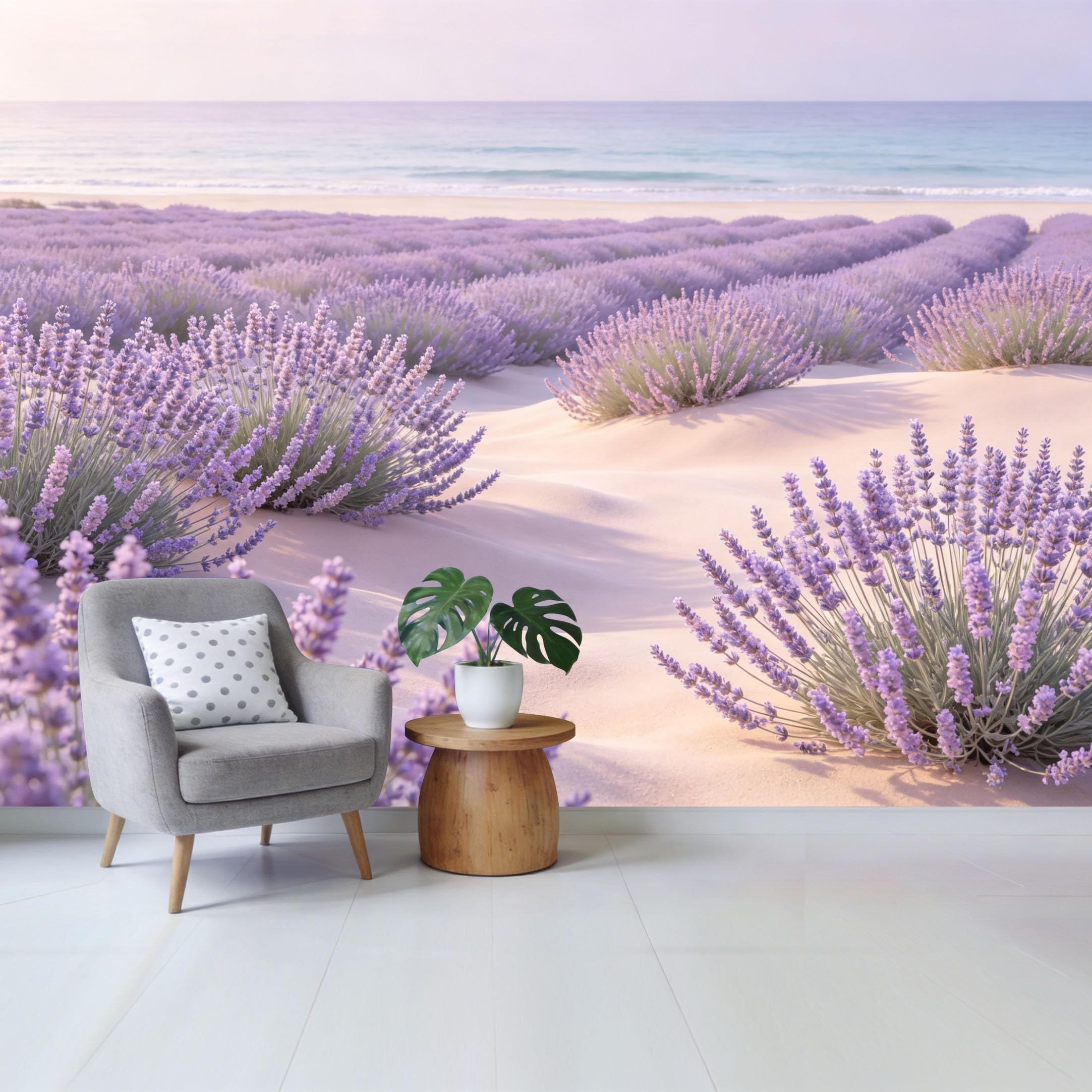 Qzlithotic Yq2605250578 Custom Size Wall Mural Purple Lavender Flower Fields Coastal Beach Scenery Botanical Aesthetic Selfadhesive Wall Fabric Removable Wallpaper For Home Office Decor