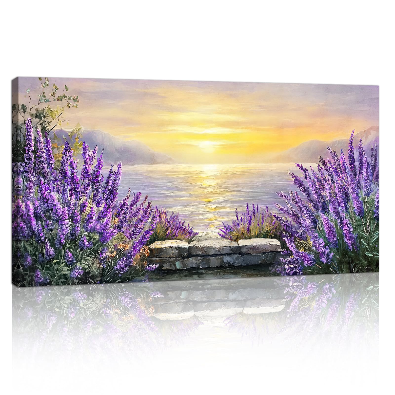 Golden Lake and Mountain Scenery Large Canvas Wall Art Prints, Framed Purple Lavender Fields Canvas Paintings Romantic Sunset Views Wall Pictures Artwork Decor for Living Room Bedroom Office 50x100cm