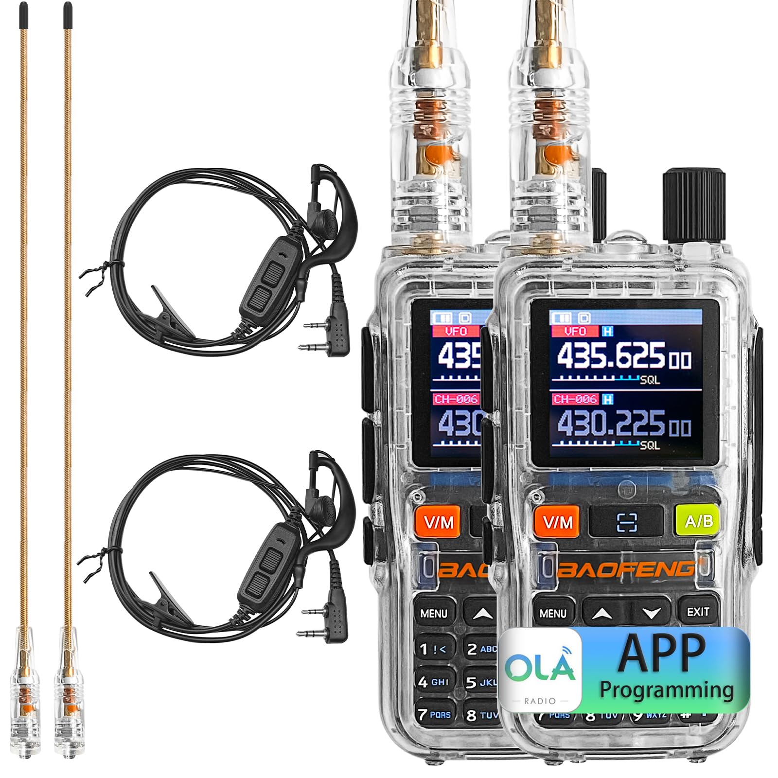 BAOFENG UV5R Mini Transparent Two-Way Radio,Dual Band Ham Radio,5W High Power,App Programming,USB C Charging,999 Channels,NOAA Weather,with Earpiece &amp; Transparent Antenna