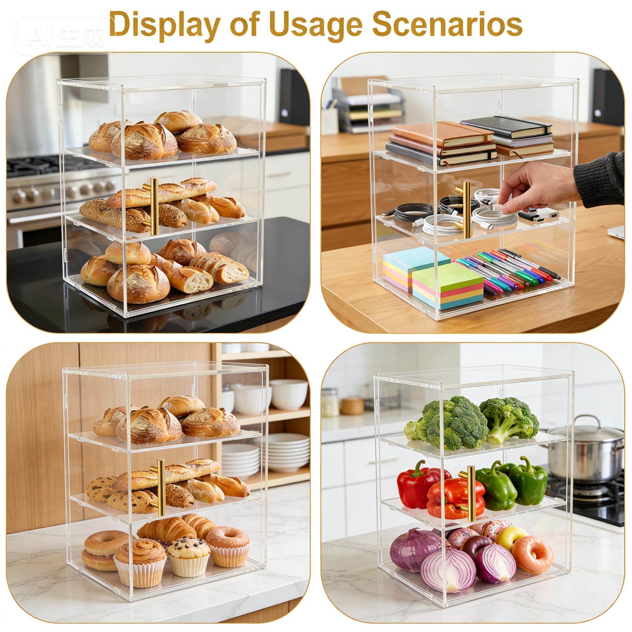 Vitrina para Panadería, Panera y Mostrador para Pastelería de Encimera de Cocina, Acrílico de 3 Niveles para Donas, además Organizador para Condimentos y Artículos de Tocador