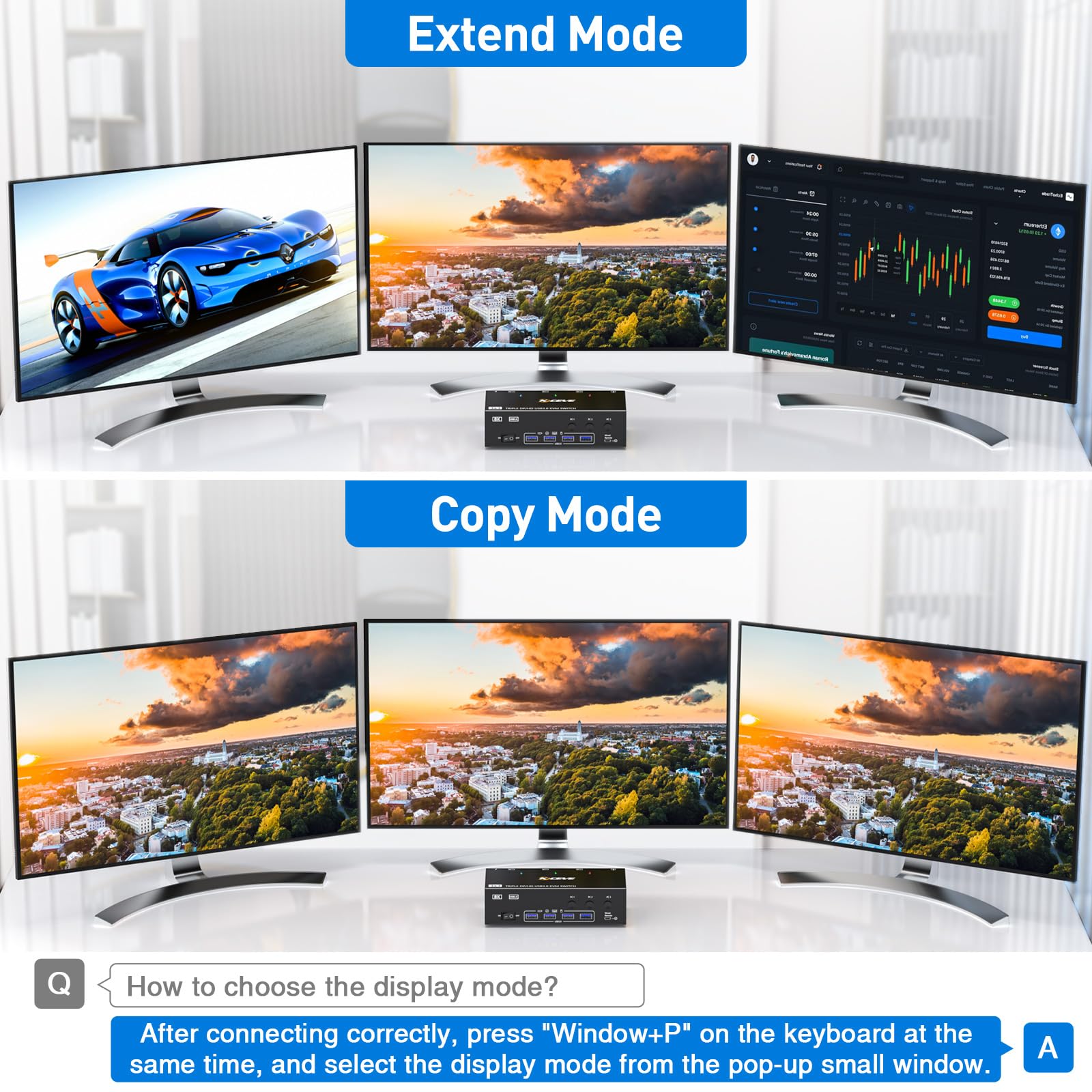 KVM Switch 3 Computer 3 monitory, KCEVE HDMI + DisplayPort USB 3.0 KVM, przełącznik 8K 30 Hz/4k 144 Hz, potrójny monitor KVM do 3 komputerów, 3 wyświetlaczy i 4 urządzeń USB 3.0