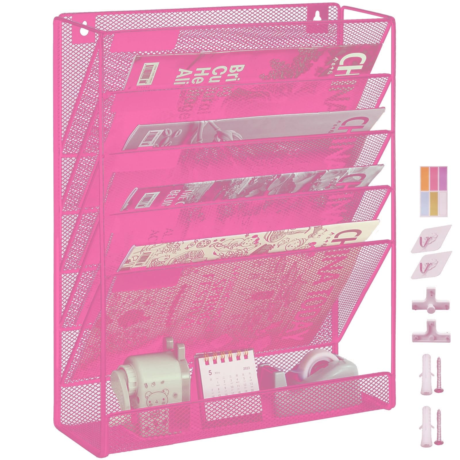 IOUGDSEC 6 Tier A4 Mesh Hanging Wall File Holder Magazine Document Holder Mail Organiser Magazine Storage Rack,Durable Metal Mesh Document Wall Organiser Desktop File Organizer,Pink