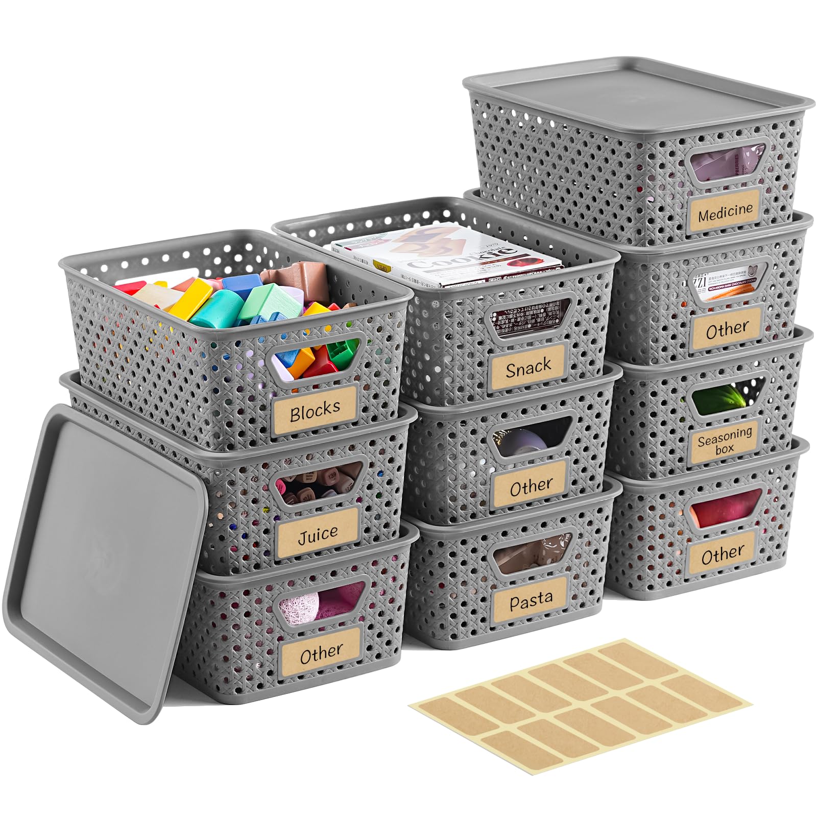 Photo 1 of 10 Pack Small Plastic Storage Bins with Lids, Stackable Plastic Storage Baskets for Organizing with Handles, Organizer Bins with Labels for Room,Craft,Containers for Pantry Organizers and Storage,Grey