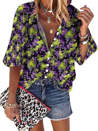 2025 Fall Fashion Lantern 3/4 Sleeve Retro Boho Floral Prirt Blouse Tops for Women Casual Dressy Womens Button Down Shirts