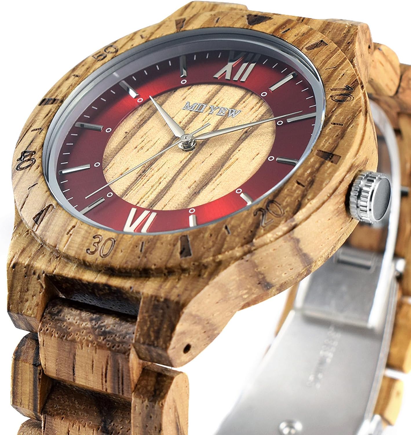 Wooden Watch for Men Casual Quartz Analog Red Metal and Wood Dial Case Diameter 44mm