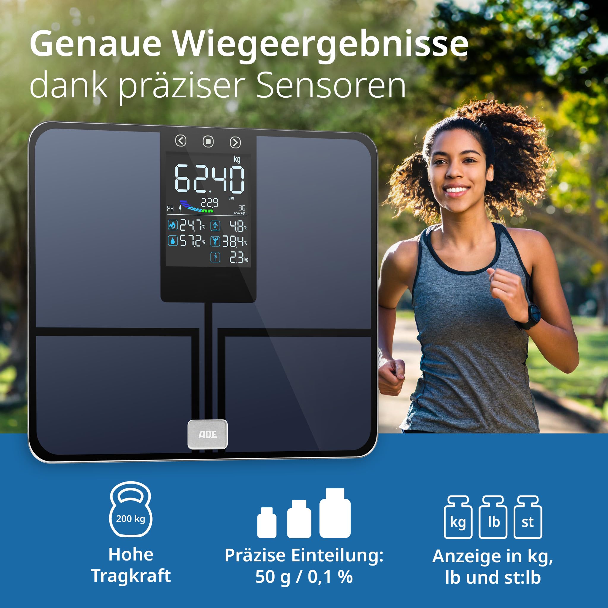 ADE Digitale Körperfettwaage mit großem Farbdisplay | alle Werte auf einen Blick | Körperanalysewaage bis 200 kg | Waage mit Körperfett und Muskelmasse | 8 Speicherplätze und Nutzererkennung | blau