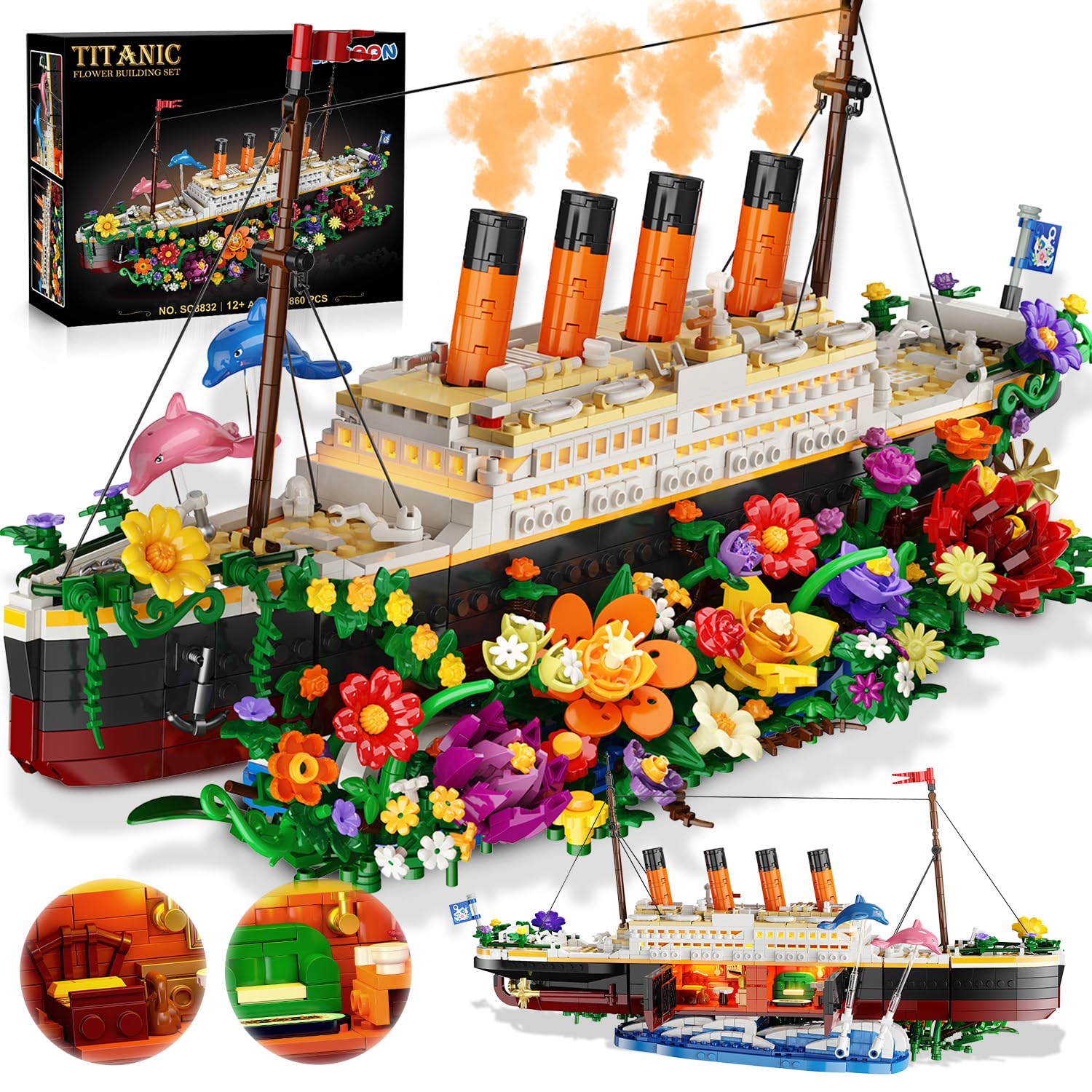 INSOON Blumen Titanic Giocattolo da costruzione con luce, nave Titanic con fiori, delfini botanici, 1860 pezzi modello di nave, mattoncini di serraggio, regalo per adulti, bambini, ragazzi e