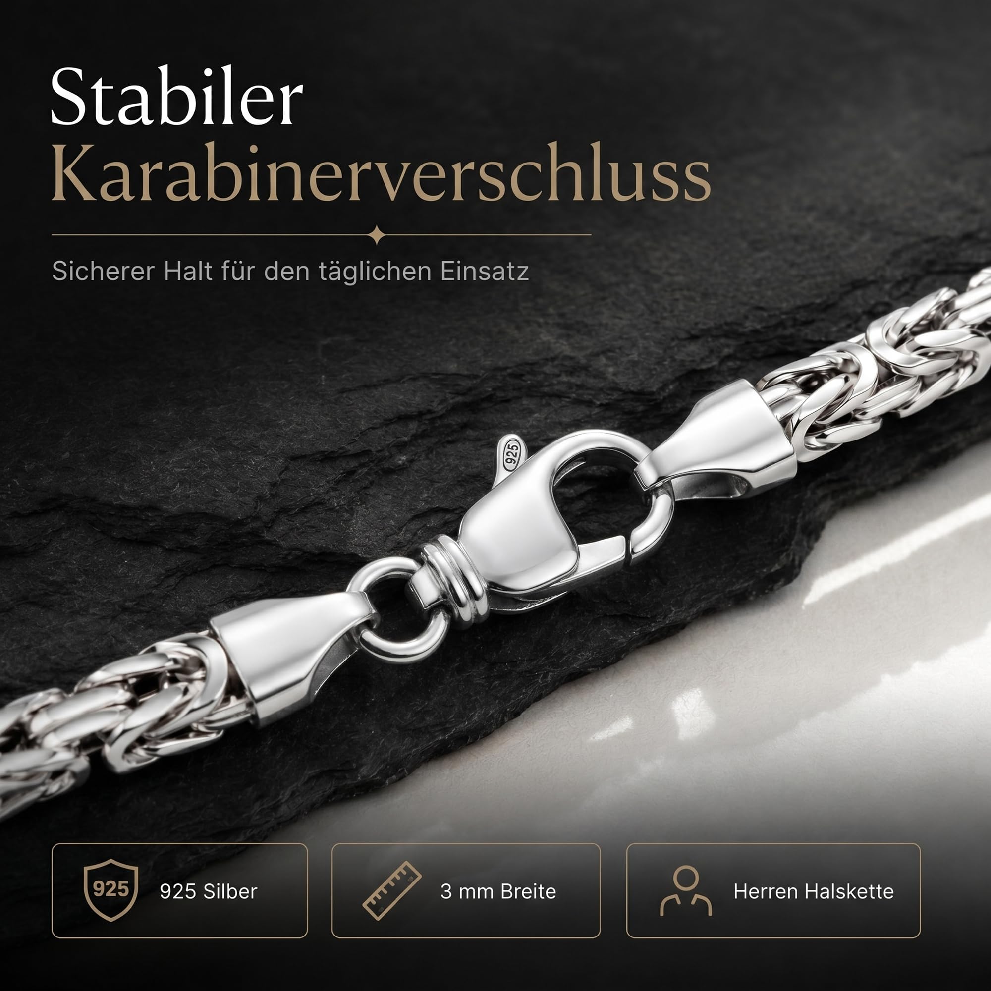 Königskette 925 Silber Kette Herren Halskette 3 mm 101095-0 | Silberkette 925er Sterling-Silber massiv mit Schmuck Box in den Längen 45 50 55 60 70 cm verfügbar