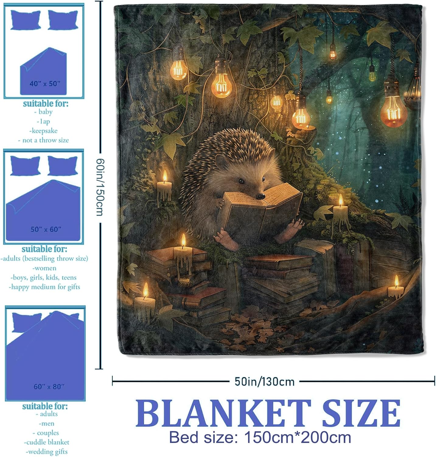 Cute Forest Hedgehog Throw Blanket for Women Girls Boys, Soft Flannel Blankets Gifts for Living Room Couch, Home, Sofa Decor, 50"x60"