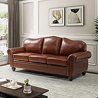 HULALA Home 81" Brown Genuine Leather 3-Seater Sofa, Mid-Century Modern Couch with Nailhead Trim, Rolled Arms & Removable Cushions