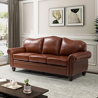 HULALA Home 81'' Genuine Leather Sofa with Nailhead Trim and Rolled Armrests, Mid-Century Modern Living Room 3-Seater Couch, Brown Couch with Removable Cushion for Bedroom Apartment