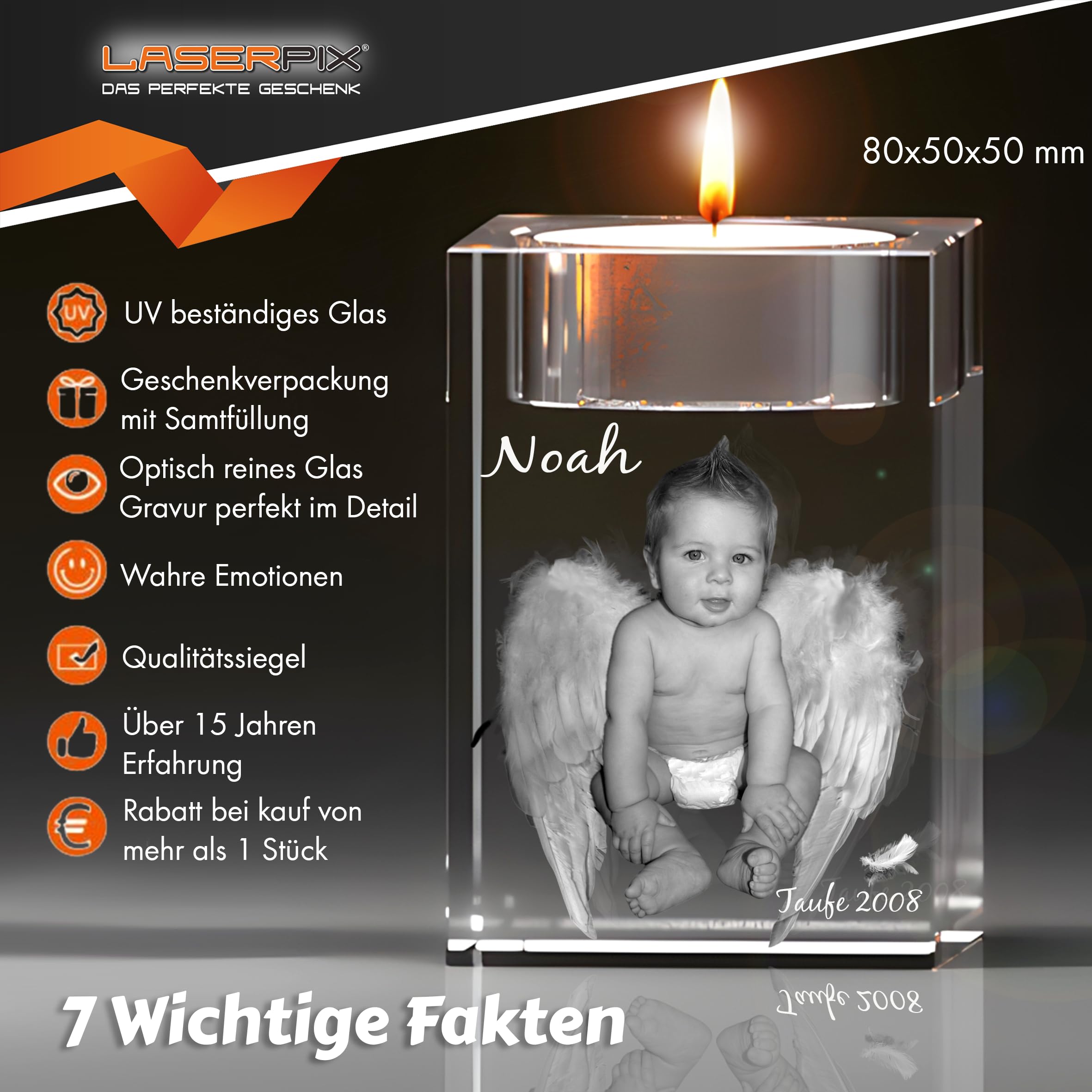 3D Taufkerze in Glas – Personalisierte Gravur mit Teelicht, Erinnerungsgeschenk zur Taufe, 3D-Foto, emotionales Geschenk, lebenslange Freude
