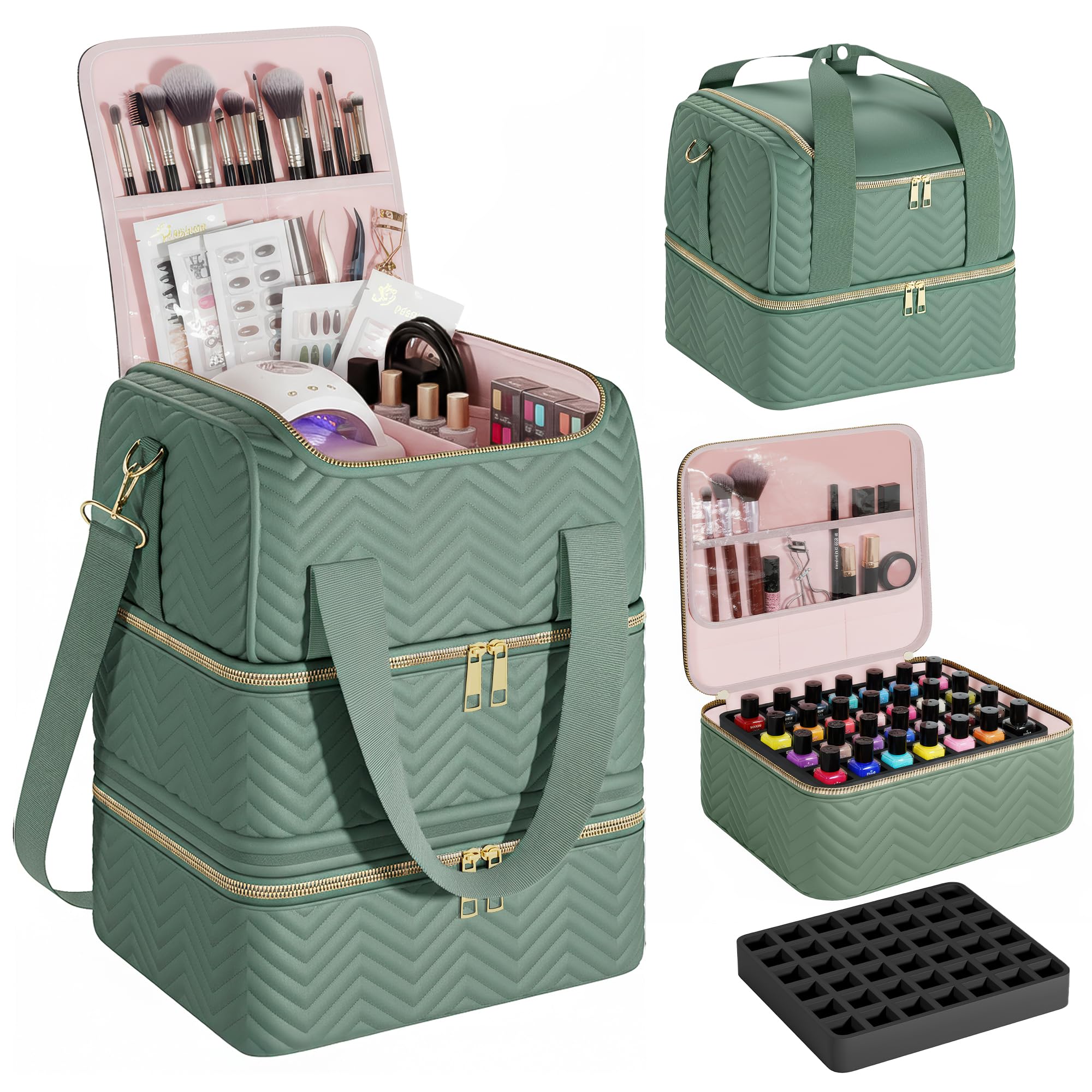 Photo 1 of Castal Nail Polish Organizer Bag–3-Layer–Holds 84 Bottles–Nail Organizers and Storage Bag with Detachable Bottom Section–Embroidered Nail Polish Case Organizer with Luggage Strap & Card Slot–Teal