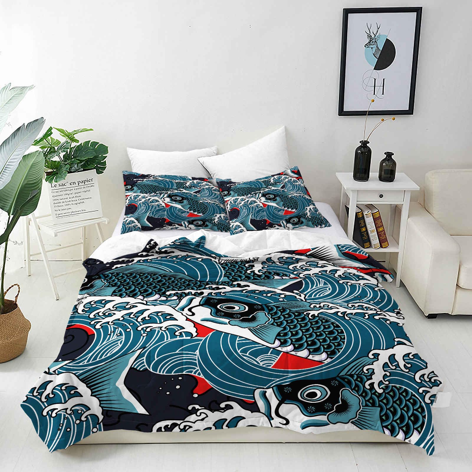 ANHOPE Custom Duvet Cover & Pillowcase Customized Size Bedding Set with Japanese Wave Fish Carp Printed Pattern Personalised Quilt Cover for All Season — image 1