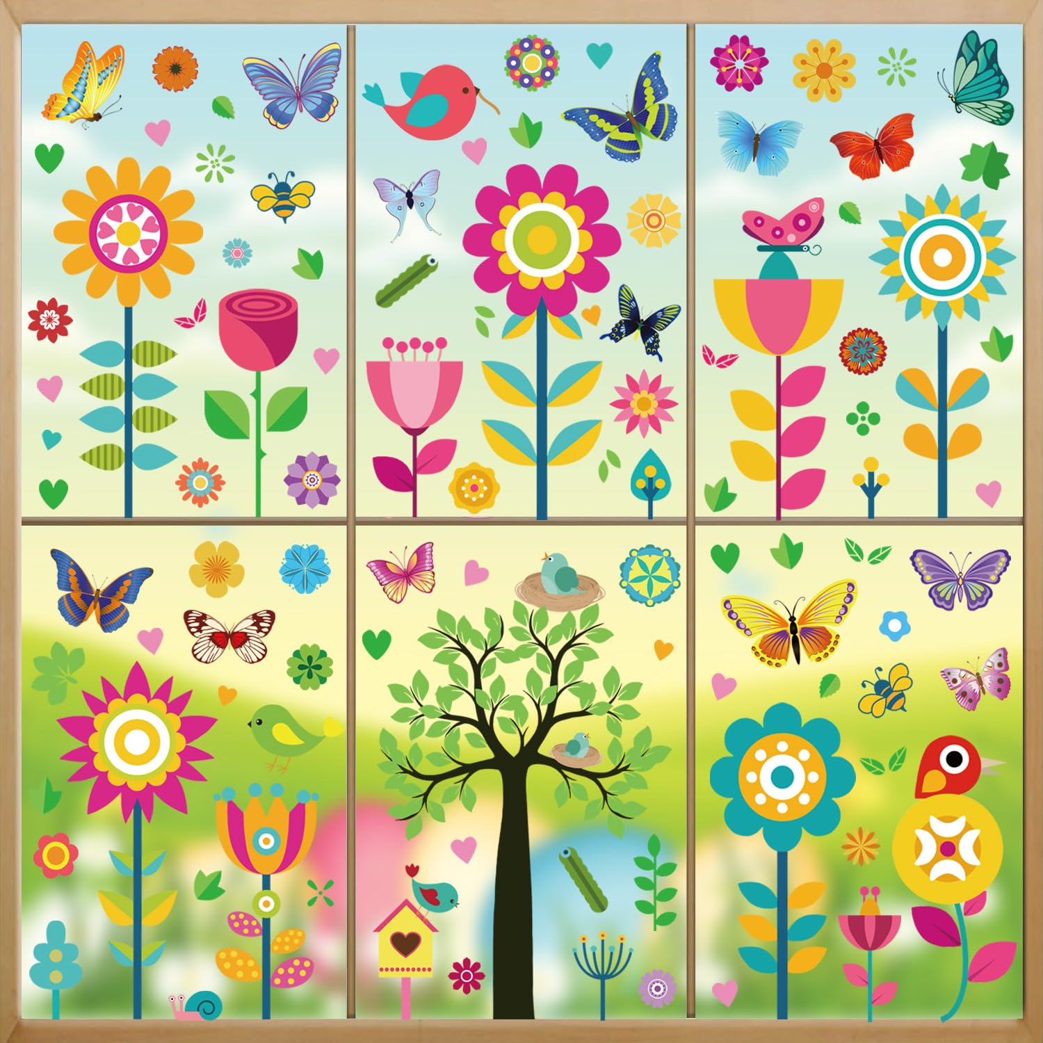 Stickers Fenêtre Printemps Réutilisables - 9 Pièces Motifs Papillons, Fleurs, Oiseaux - Décoration électrostatique