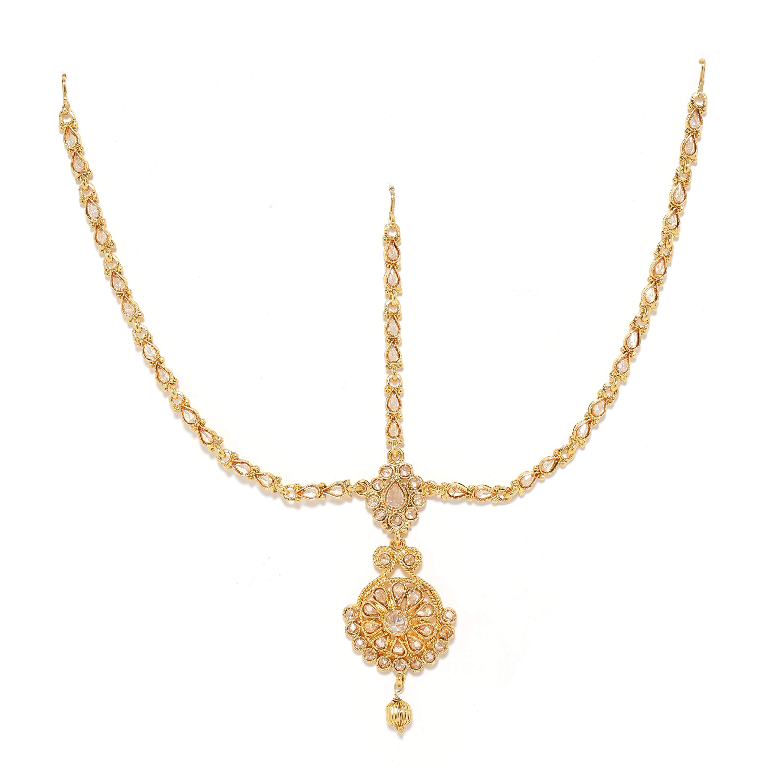 Sasha Embellished Bollywood Antique Indian Kundan Wedding Headgear Golden Matha Patti Mang Tika Prom Head Piece for Women & Girls