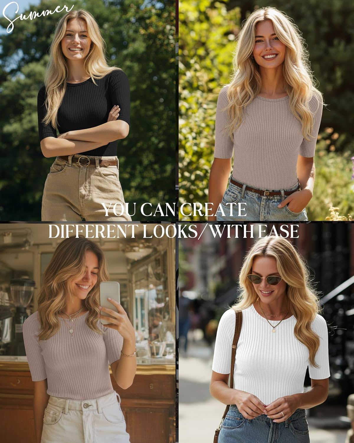 Riyiper 3 Pack Women's Half Sleeve Tops, Elbow Length Ribbed Cotton T Shirt Crew Neck Summer Tee Slim Fit Casual Blouses - Image 2