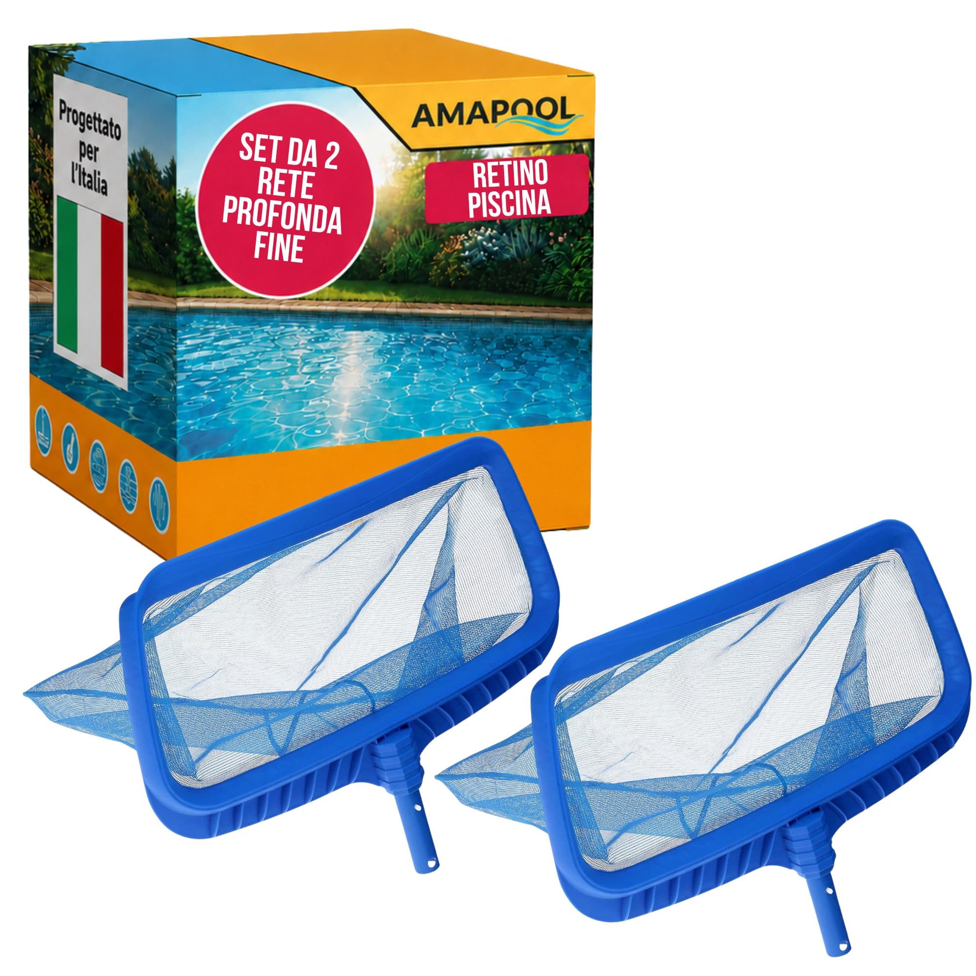 Amapool Retino Piscina Deluxe Set 2 Pezzi - Retino a Sacco e Fondo Ø 28 mm | Rete a maglie fini e profonda con telaio rinforzato antigraffio per pulizia fondo piscina, attacco clip-on universale.