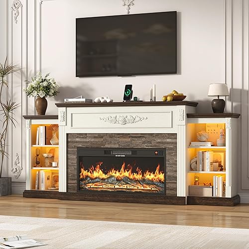 85" Electric Fireplace with Mantel, Farmhouse TV Stand with 36" Fireplace for TVs Up to 95 Inch, 37.6" Tall Entertainment Center with Charging Station & LED Lights, Carved Decoration, Antique White