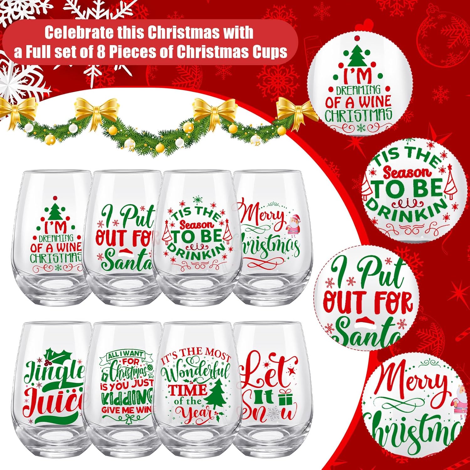 8 Pcs Christmas Wine Glass 15 oz Funny Stemless Wine Glasses Transparent Christmas Glasses Drinkware Gift Idea for Xmas Holiday Party Wedding Supplies Women Men Friends Gifts(Classic) - Image 3