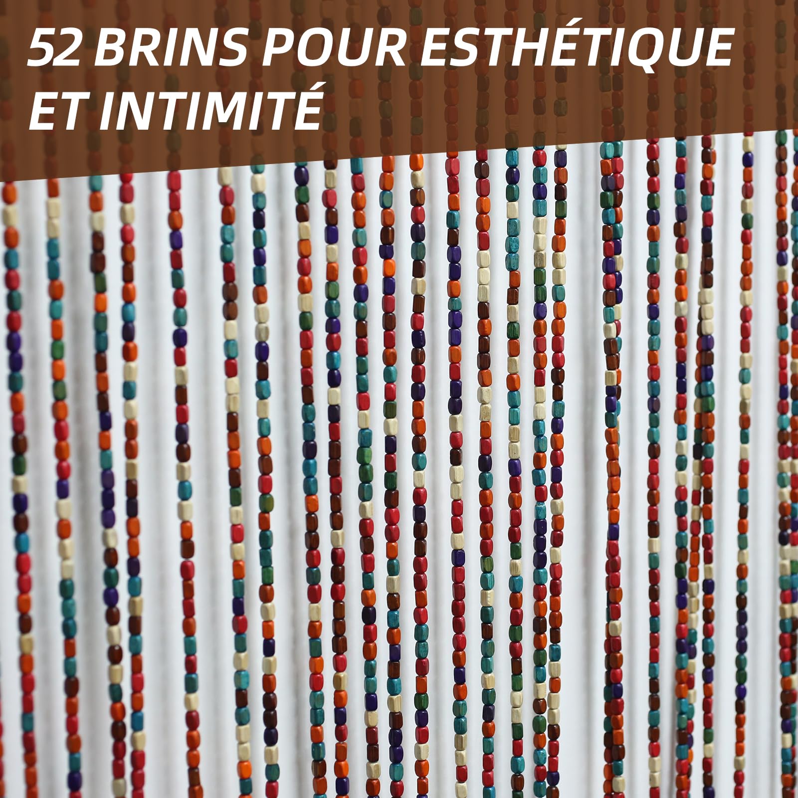 Rideau fait main pour portes de balcon et fenêtres - 52 fils de perles en bois - Style bohème - Couleur arc-en-ciel - Convient pour fenêtres, chambres, couloirs ou cloisons - 90 x 190 cm