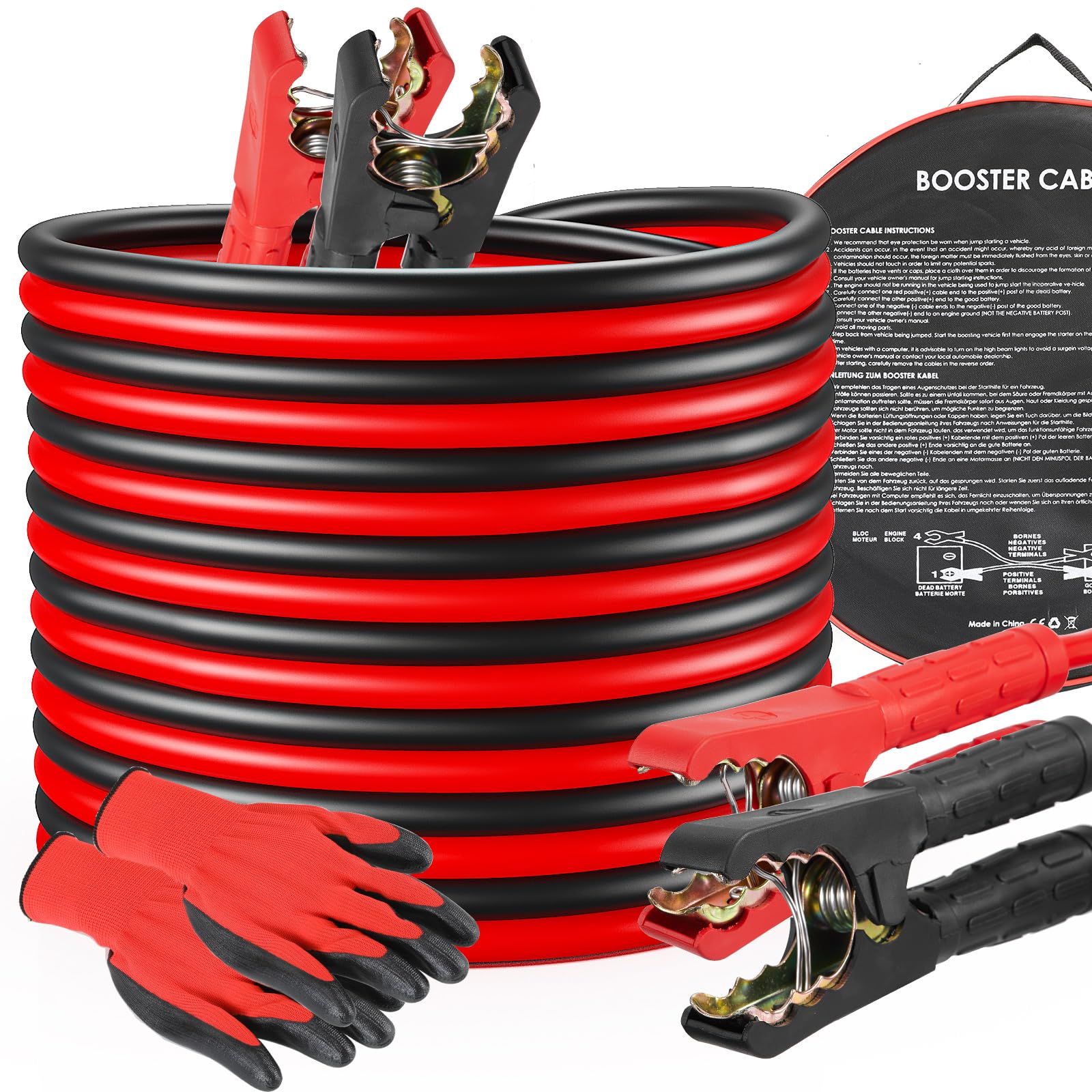 MAMIZO 12V/24V Überbrückungskabel, Startkabel Set Starthilfekabel, 4m 30mm² 1000A, den Schnellstart, mit Schutzhandschuhen, für PKW LKW kupferbeschichteten Aluminiumkabeln Starthilfekabel