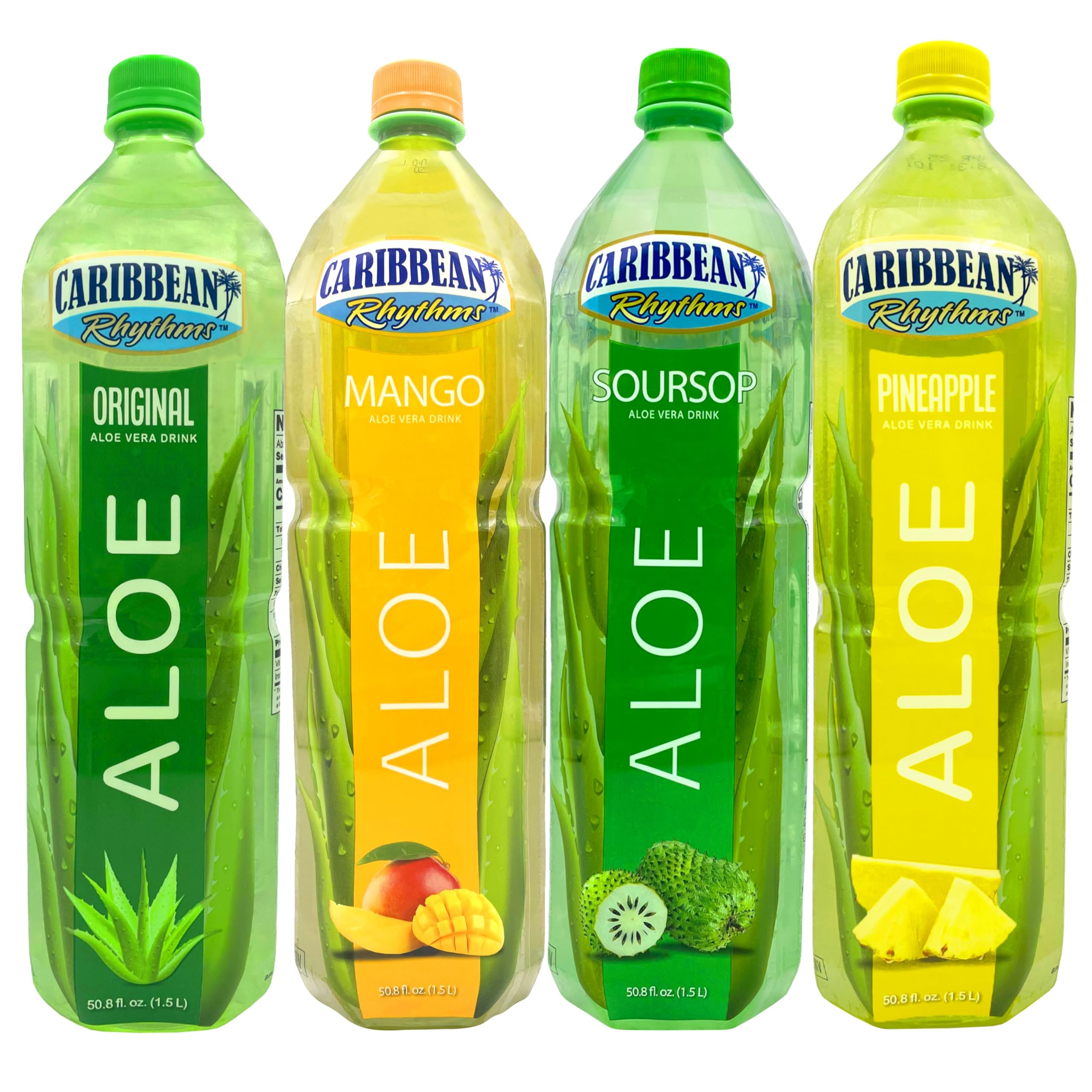 Caribbean Rhythms Aloe Vera Drinks Variety Pack 1.5 Liter, Original + Mango + Pineapple + Soursop (Pack of 4)