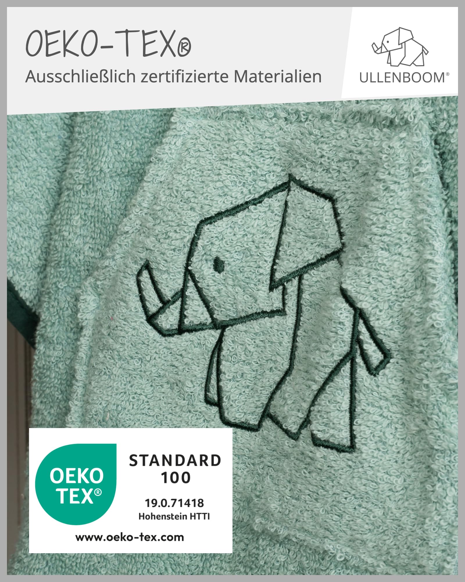ULLENBOOM Badeponcho Baby, Frottee aus 100% Baumwolle (Oeko-TEX Zertifiziert) und Made in EU - Ideal als Badetuch und Bademantel für Kinder und Babys von 1-3 Jahren, Salbeigrün