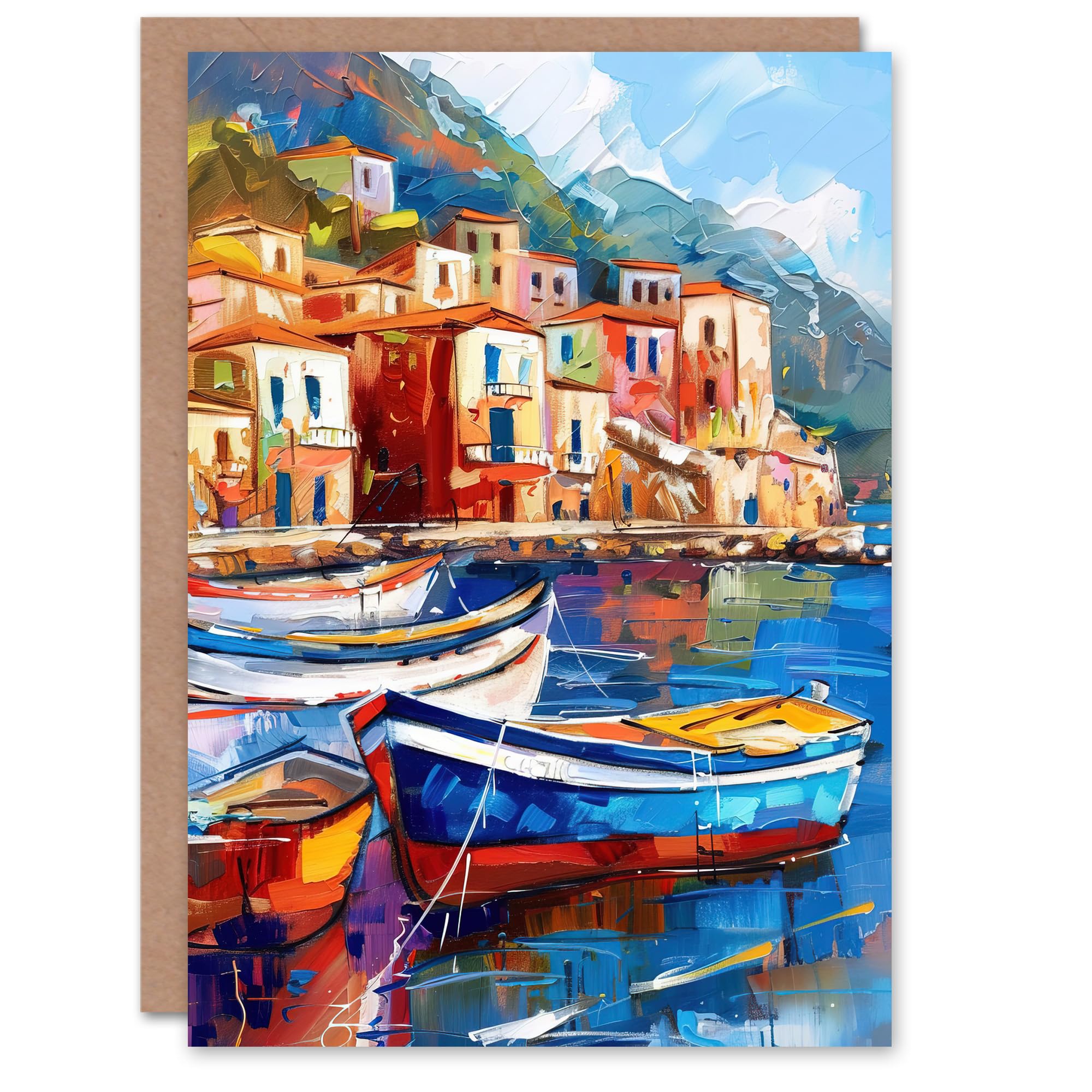Artery8 Colourful Fishing Village Oil Painting Harbour Greeting Birthday Card Him Her All Blank