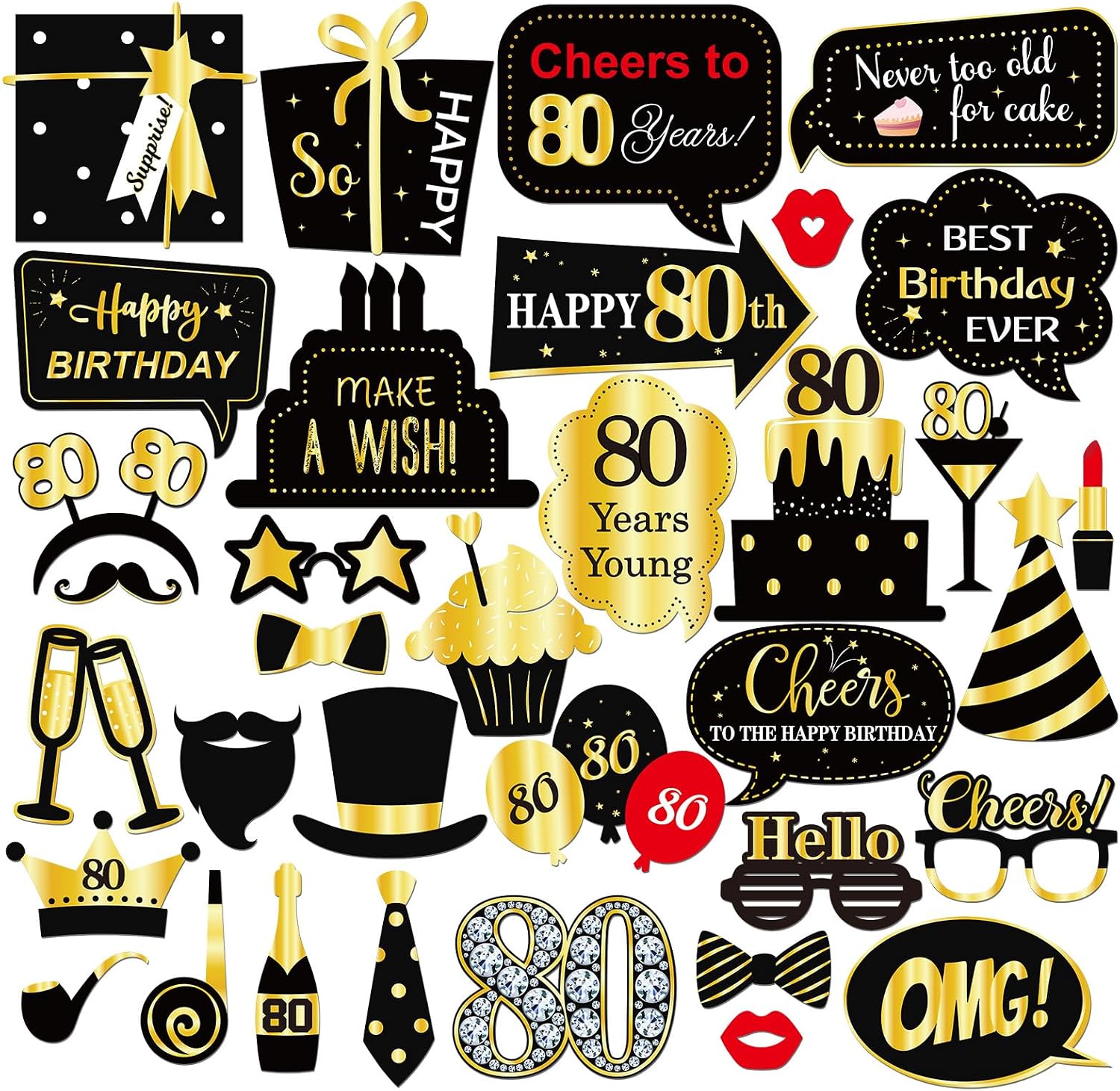 INNORU 80th Birthday Photo Booth Props, Women Men 80th Birthday Photoshoot Funny Birthday Party Photography Props Favor 80 Years Old Centerpiece Sticks Decorations Black & Gold 35 PCS