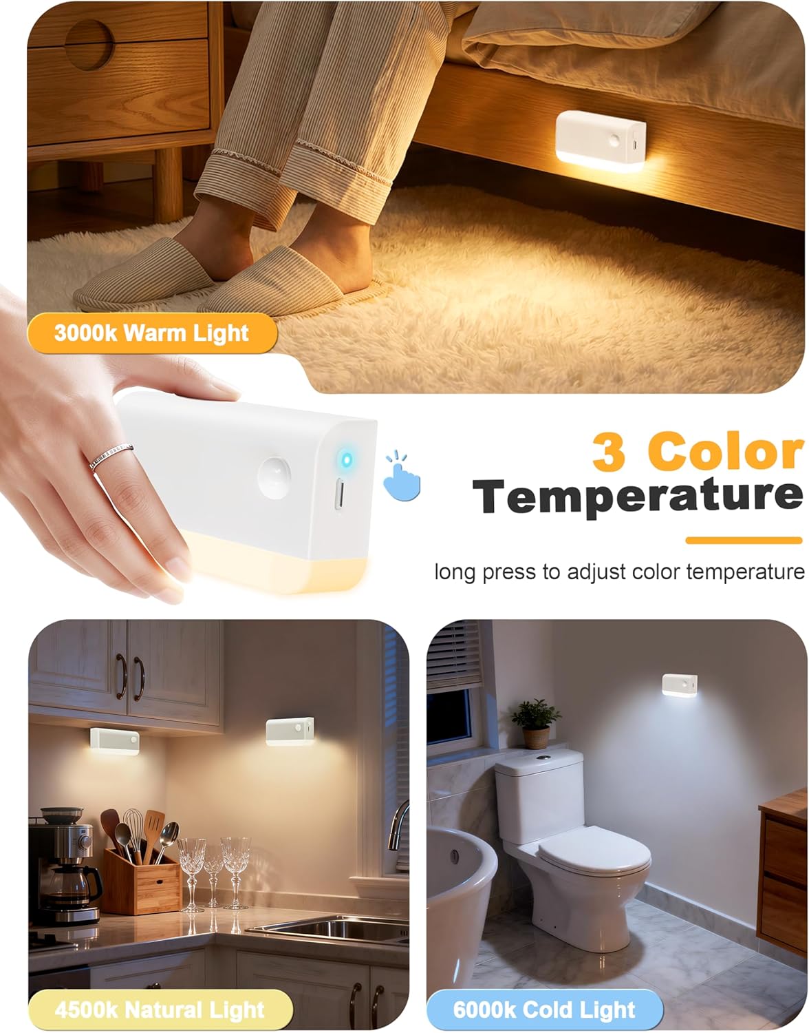 NIORSUN Motion Sensor Stair Lights Indoor, 6 Pack Rechargeable Wireless Step Lights with 3 Color Temperatures, 1200mAh Battery, Magnetic Base for Hallway, Closet, Bathroom, White