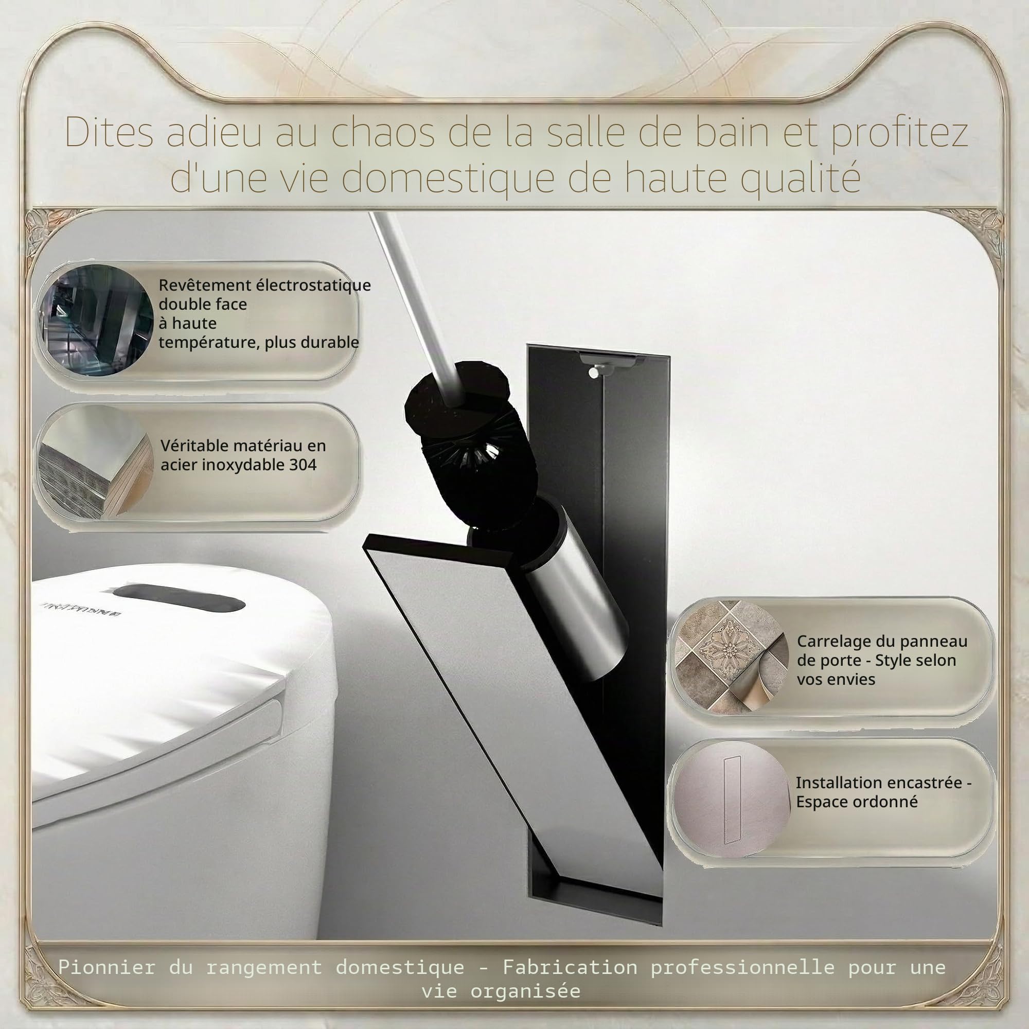 Porte-Balai WC encastré en Acier Inoxydable, Brosse Toilette Noire, Porte-Brosse WC encastrable en Niche Murale pour Salle de Bain (Noir Mat, 45 x 12 x 12.5 cm)