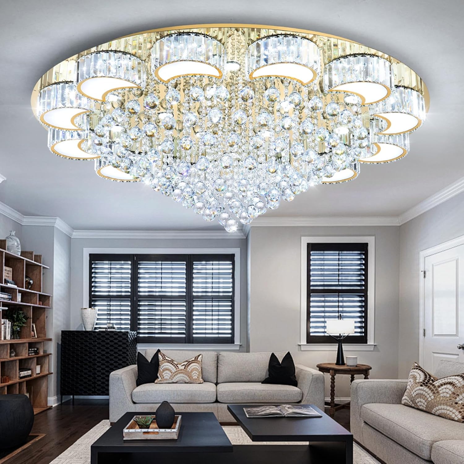 47" Gold Modern Crystal Chandeliers for Dining Room LED Dimmable Light Fixtures Flush Mount Light Living Room Bedrooms